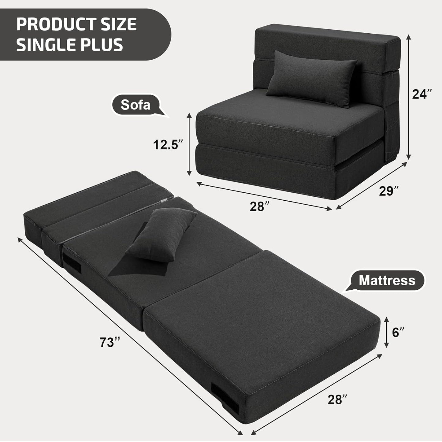 Folding Sofa Bed with Pillow- Convertible Chair Floor Couch & Sleeping Mattress, Foldable Memory Foam Sleeper for Living Room/Dorm/Guest Room/Home Office/Apartment/Loft, Single28, Dark Gray