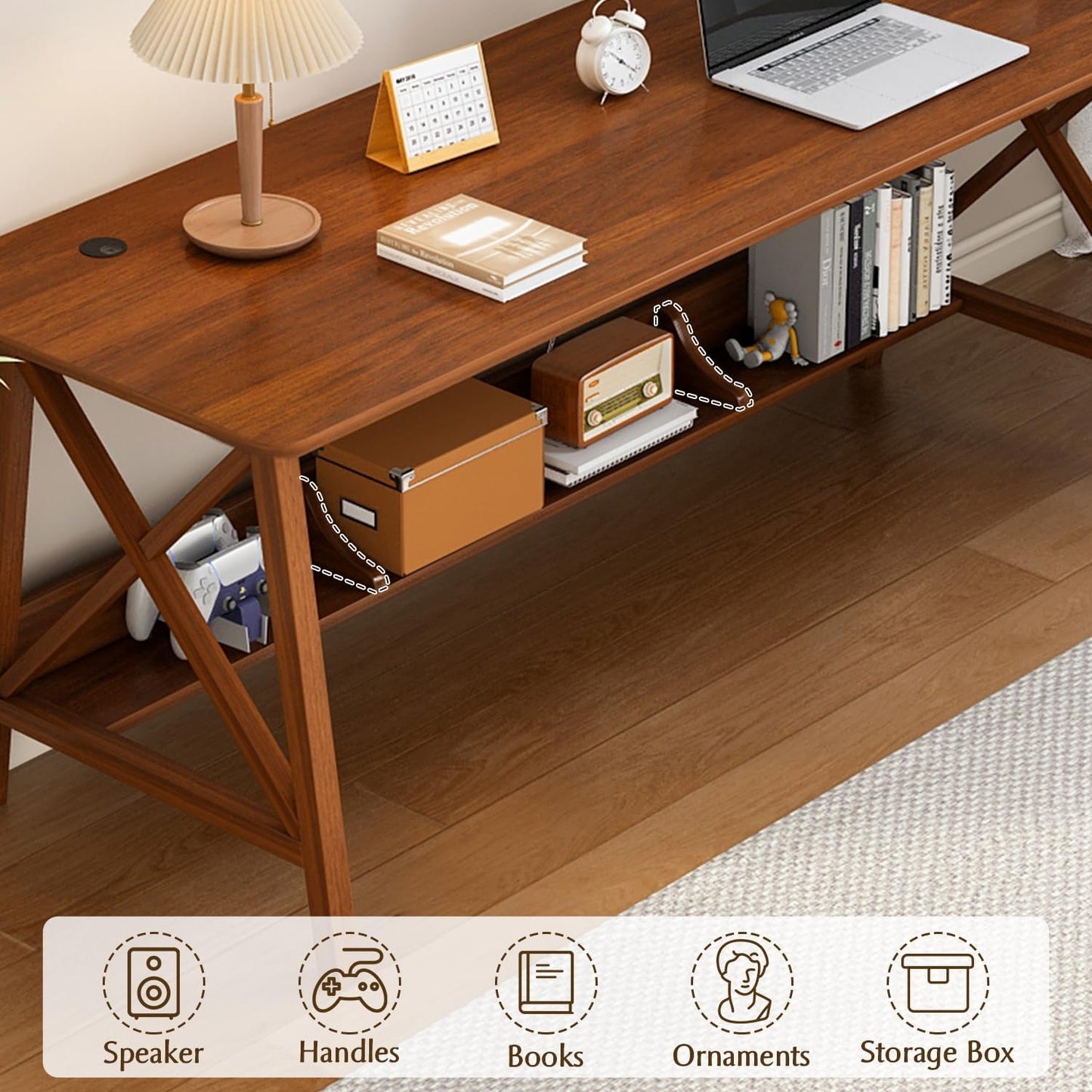 Extra Long Desk with Bookshelf - Wooden Home Office Work Study Table, 2-Person Writing Computer Workstation with Storage Shelf in Walnut, 63" Wx20 Dx30 H