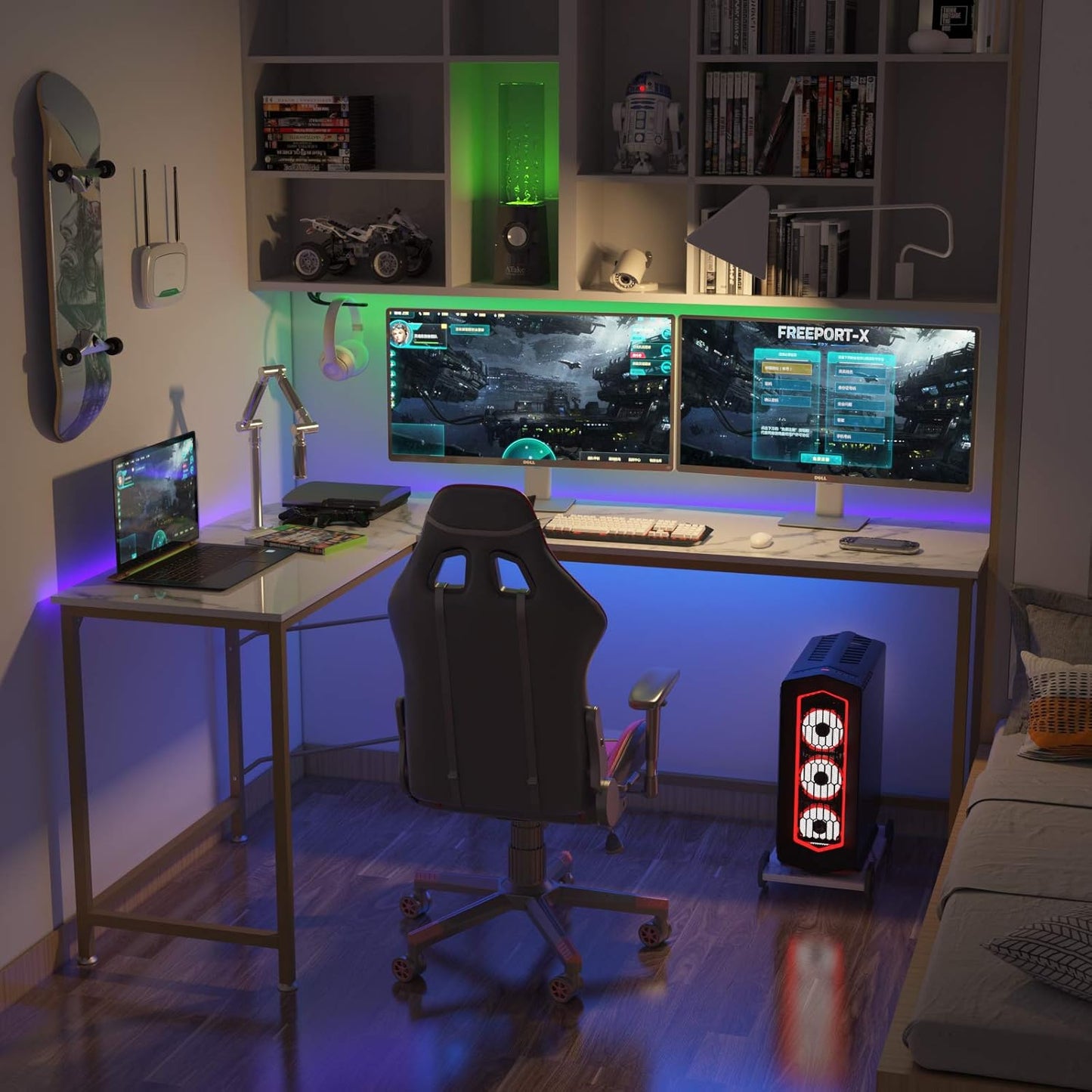 Teraves Reversible L Shaped Desk White - 66.1" Corner Gaming Computer Desk, Office Workstation Modern Home Study Writing Table, Marble Gold