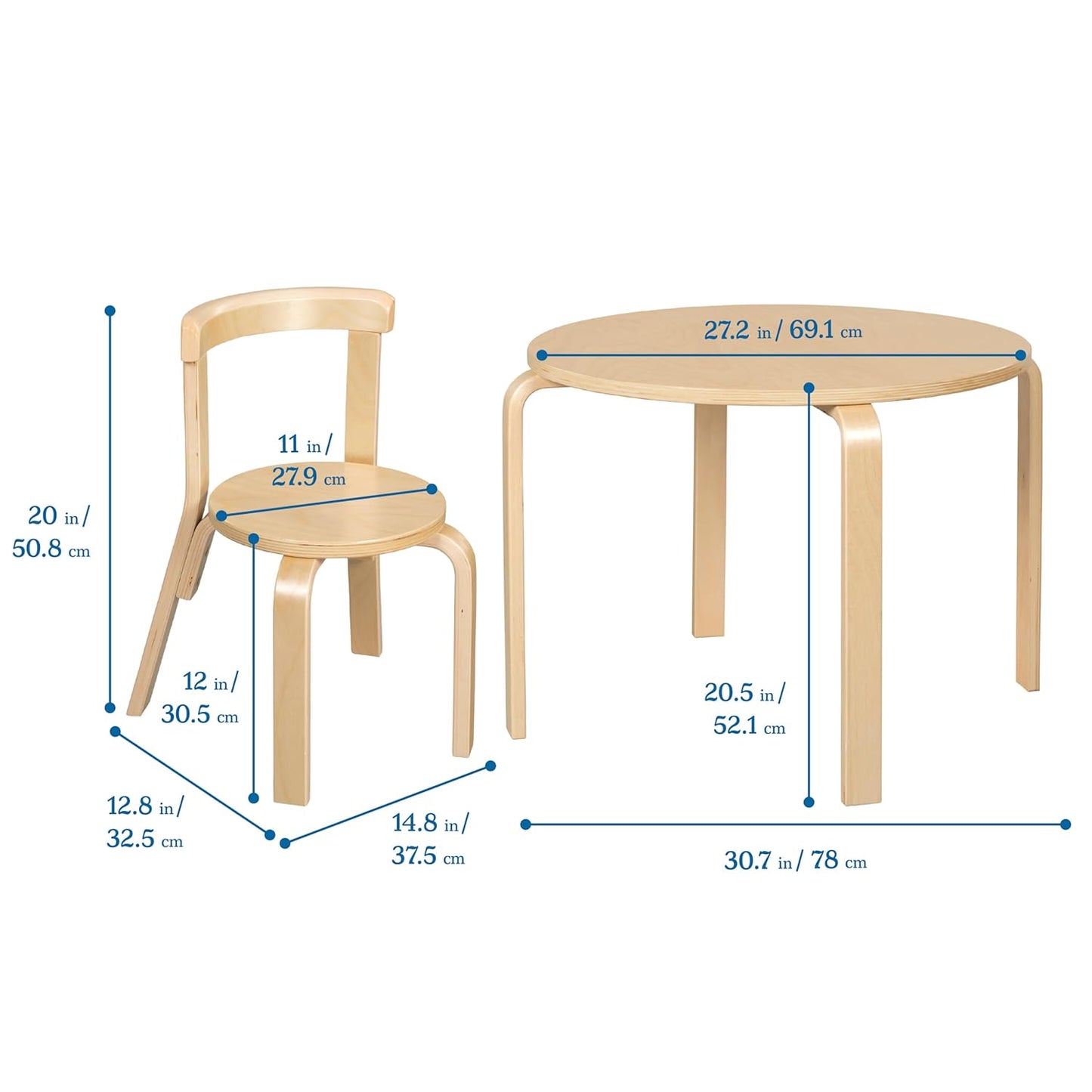 ECR4Kids Bentwood Table and Curved Back Chair Set, Kids Furniture, Natural, 5-Piece