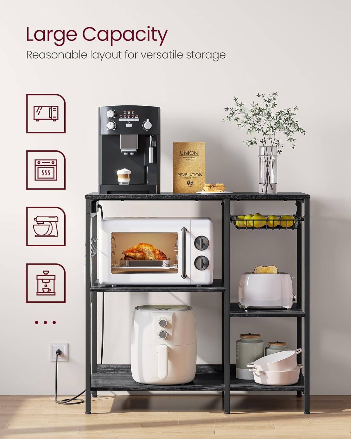 VASAGLE Baker's Rack, Coffee Bar Stand with Charging Station, Storage Shelves, Pull-Out Wire Basket, Table for Microwave, Kitchen, Charcoal Gray UKKS036B22, 15.7 x 35.4 x 35.6 Inches