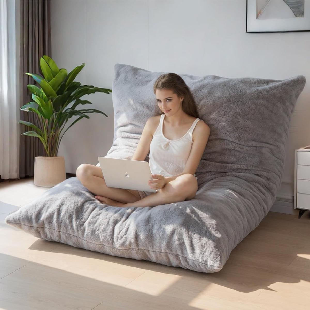BYBYME 3 in 1 Bean Bag Chair, Convertible Chair Folds from Bean Bag to Lounger, High-Density Foam Filling, Faux Fur Big Sofa Bed, Giant Bean Bag Chair Bed for Adults