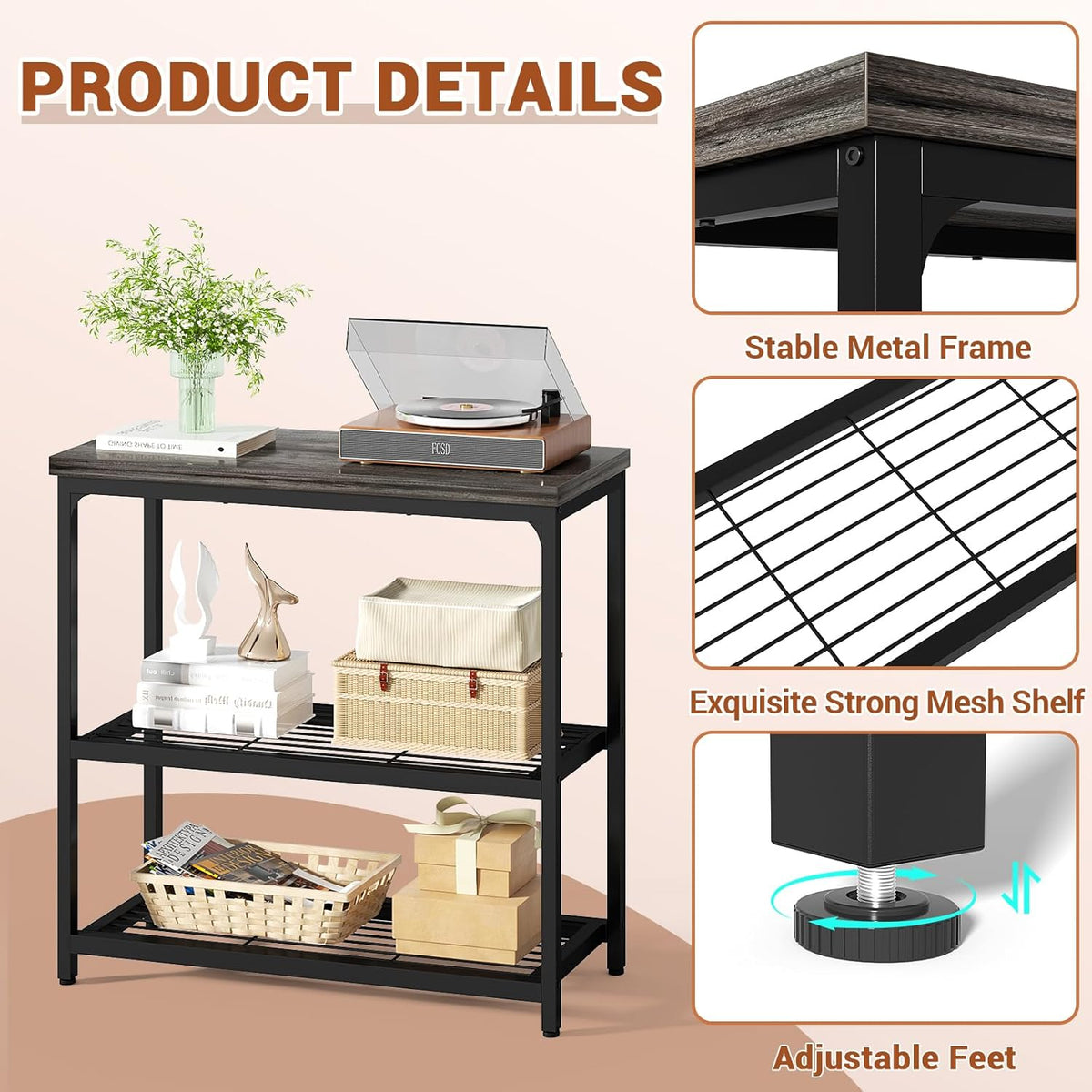 32" Small Console Table, 3-Tier Entryway Table, Sofa Table with Mesh Shelves, Console Tables for Living Room, Bedroom, Hallway, Entryway, Foyer, Grey