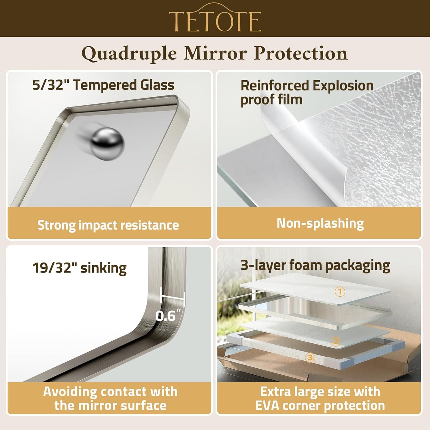 TETOTE Brushed Nickel Mirror 22 x 30 Brushed Nickel Metal Framed Bathroom Mirror, Tempered Glass, Modern Farmhouse Wall Mounted Mirror for Decorative(Horizontal/Vertical)