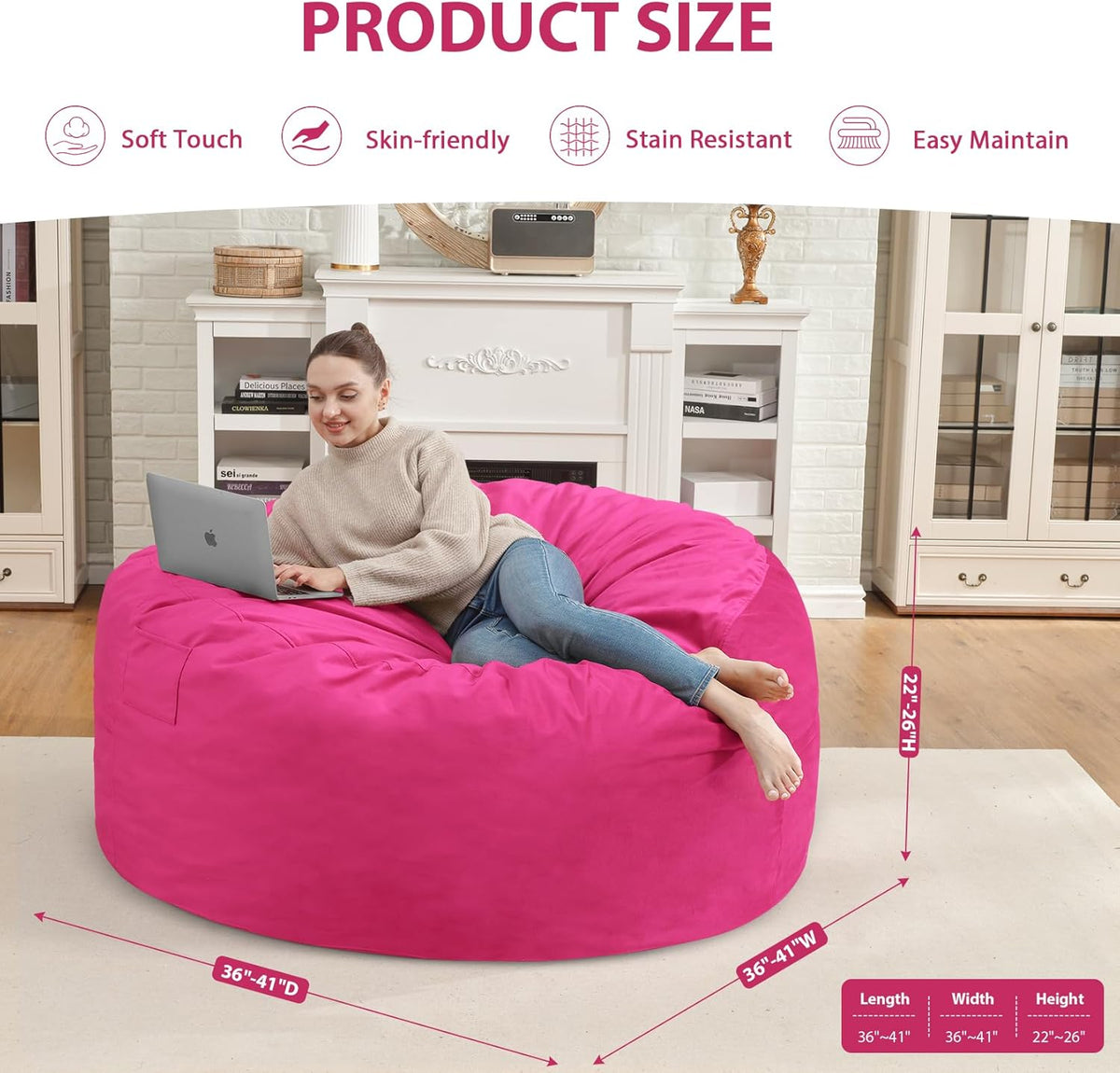 3FT Bean Bag Chair, Comfy Bean Bag Chairs with Memory Foam Filled, Fluffy Beanbag Sofa with Dutch Velvet Cover, Round BeanBag Chairs for Living Room, Playroom - Pink