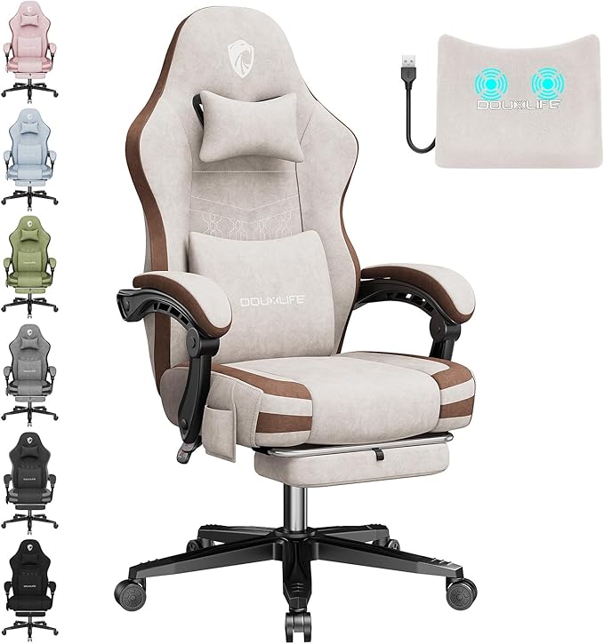 Gaming Chair, Fabric Computer Office Chair with Massage, Ergonomic Chair with Footrest Lumbar Support, Pocket Spring Widened Cushion Metal Legs 350LBS Beige