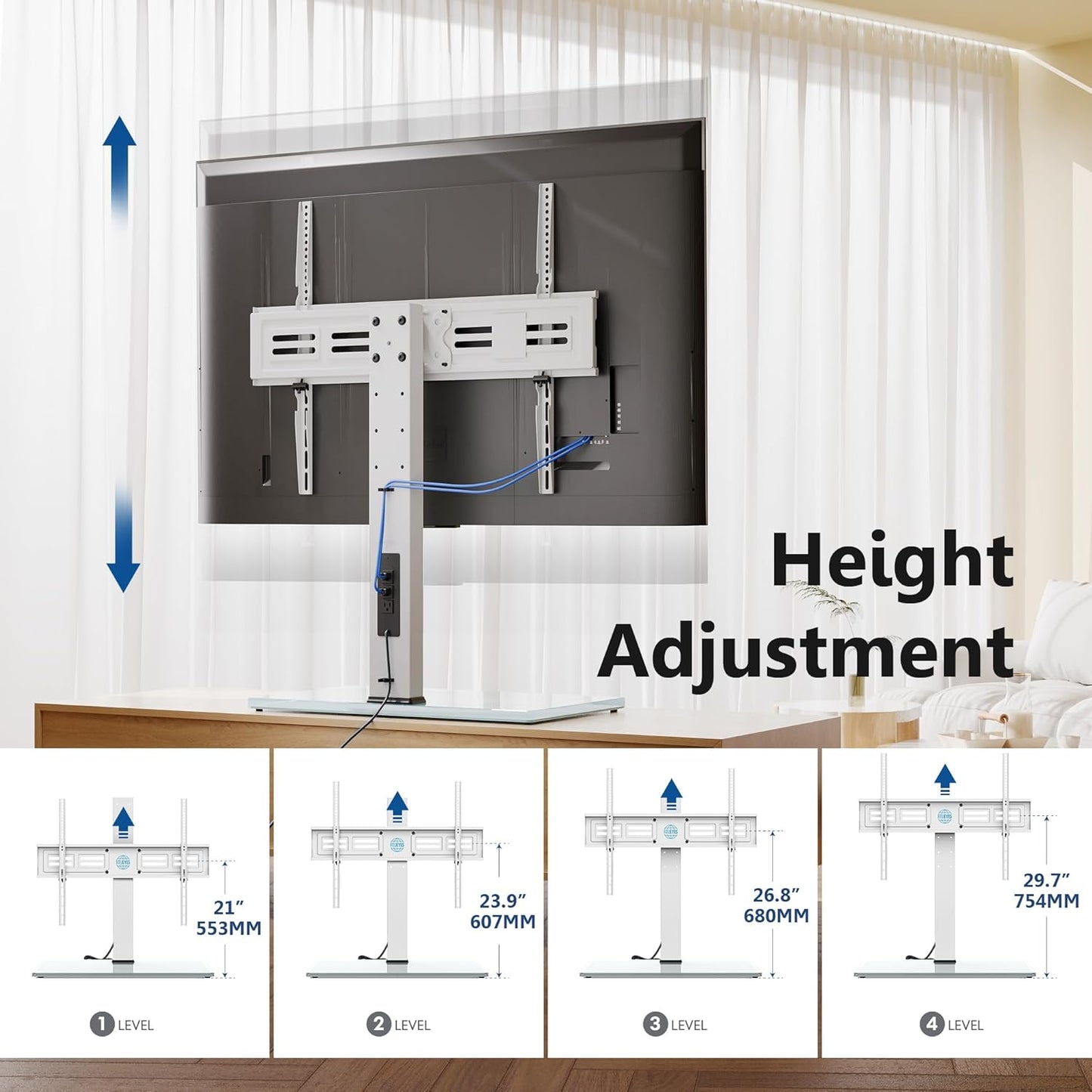 FITUEYES Universal TV Stand with Power Outlets for 50-85 inch TVs, Swivel&Height Adjustable Tall TV Stand for Bedroom Living Room, 27.5''Large Tempered Glass Base Holds up to 143 lbs, Ivory White