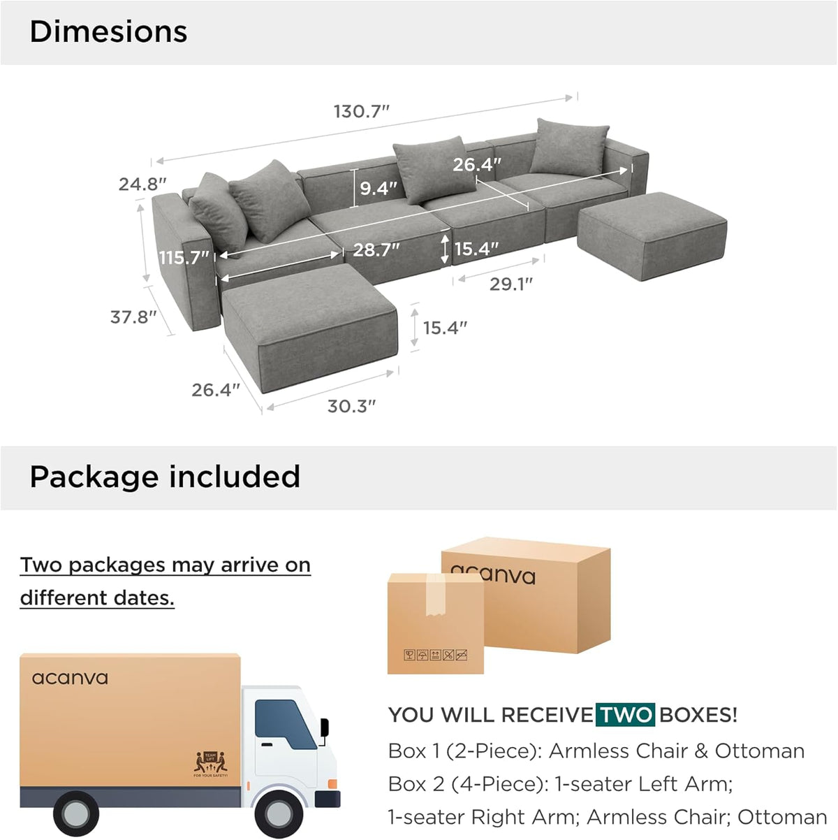 Acanva Luxury Modular Sectional Couch with Moveable Ottoman and Chaise, Modern Minimalist Style Sofa for Living Room, Apartments, U-Shape, Chenille Grey
