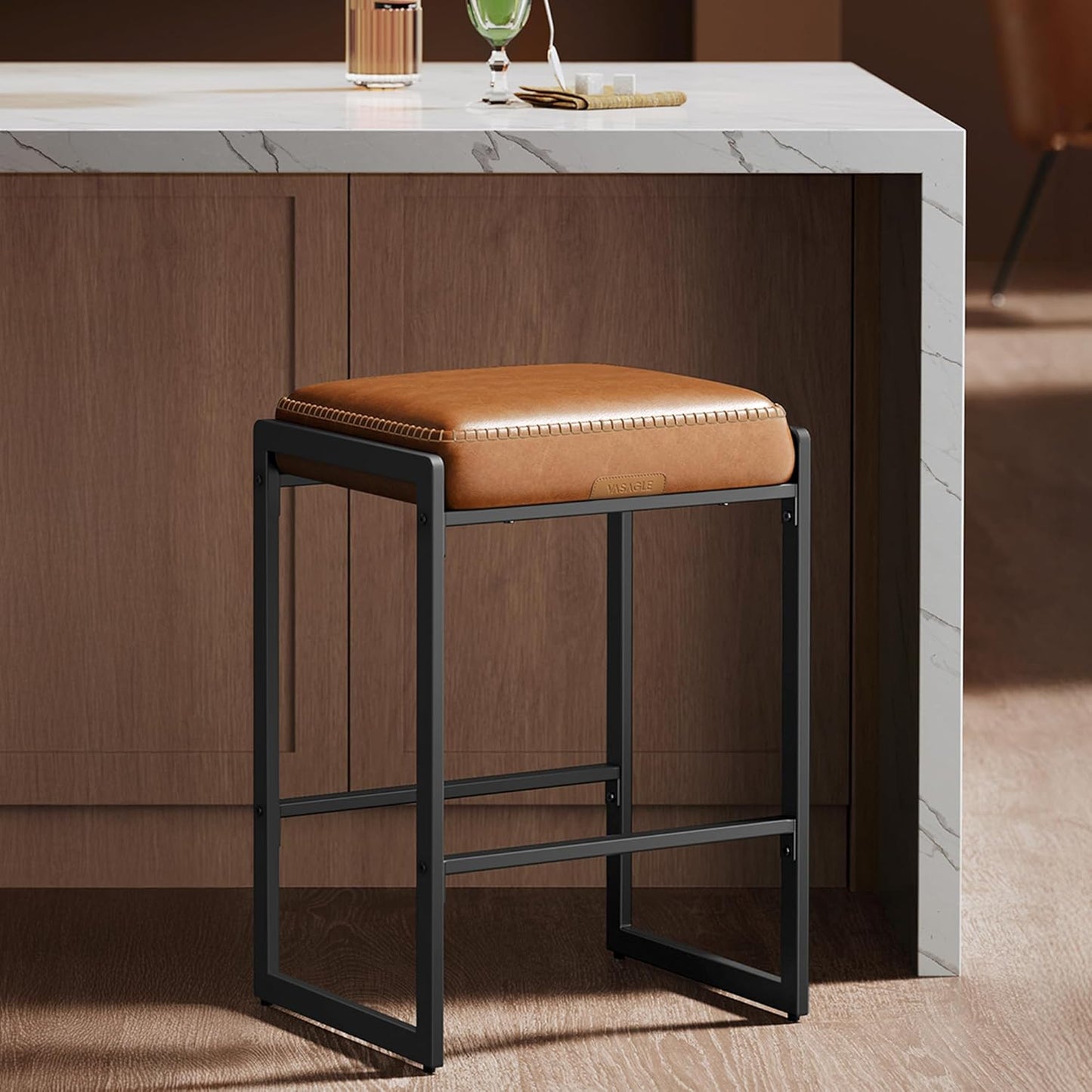 VASAGLE EKHO Collection - Bar Stool, Counter Height Bar Stool, Synthetic Leather with Stitching, Mid-Century Modern Counter Barstool, 26-Inch Tall, Kichen Home Bar Dining Room, Caramel Brown
