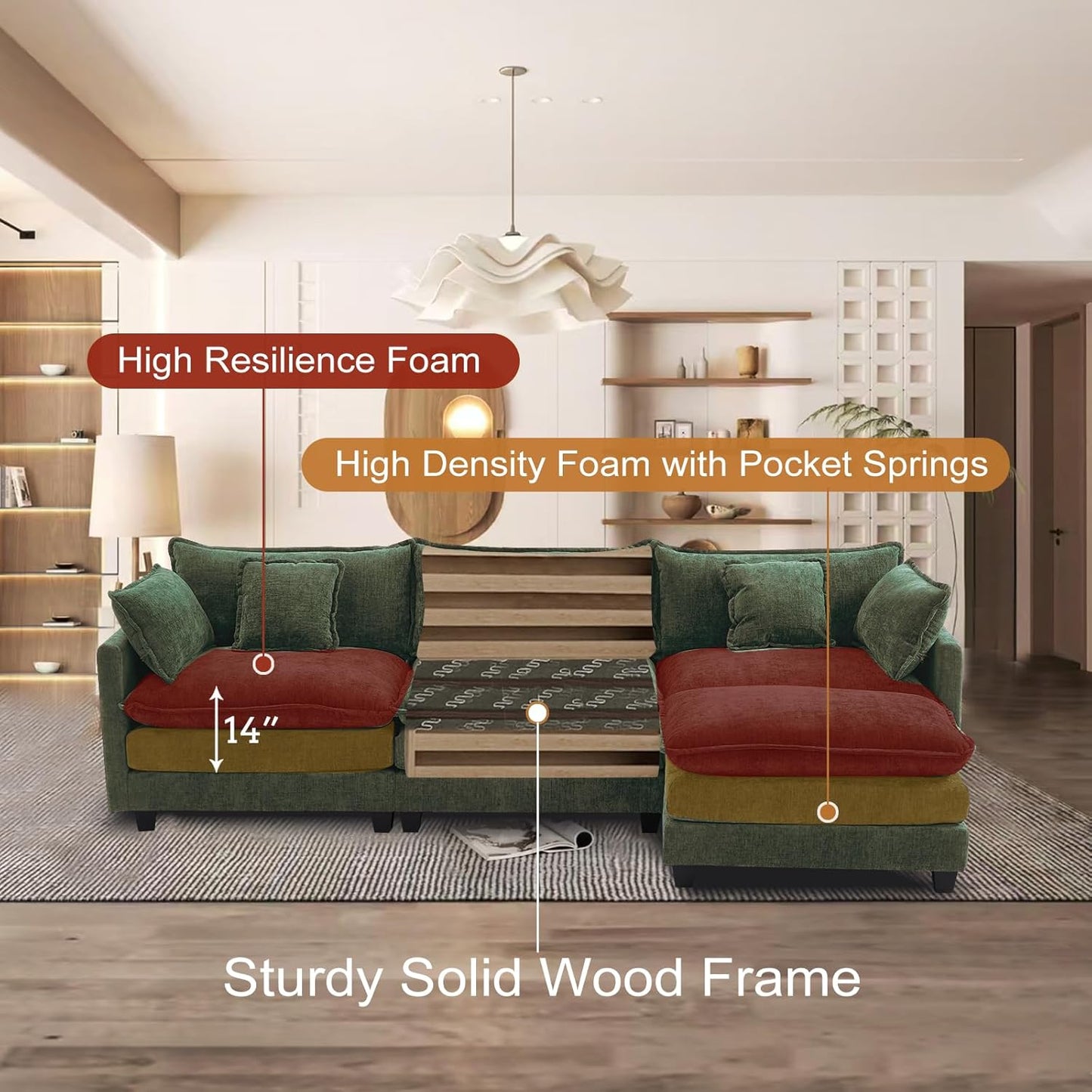 Furniliving 112‘’ L-Shaped Sofa, Luxury Chenille Modular Sectional Couches with Ottoman, Upholstered Deep Seat Sleeper Sofa with Memory Foam and Waist Pillows, Green