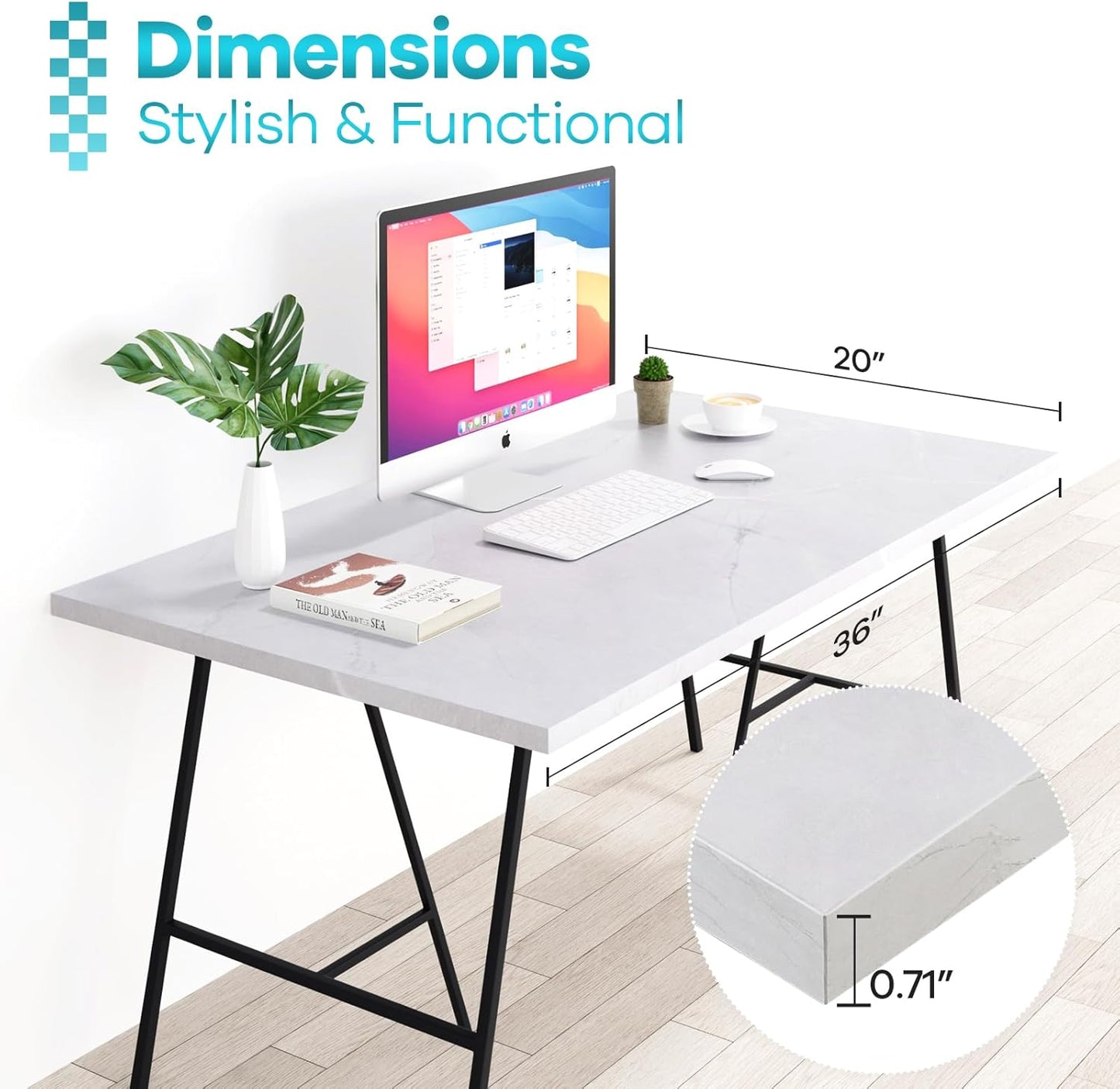 Kaboon Universal Tabletop 36"x20", Solid One-Piece Melamine Table Top, Double L-Desk Floating Desk DIY, Home and Office Countertop, White Rock
