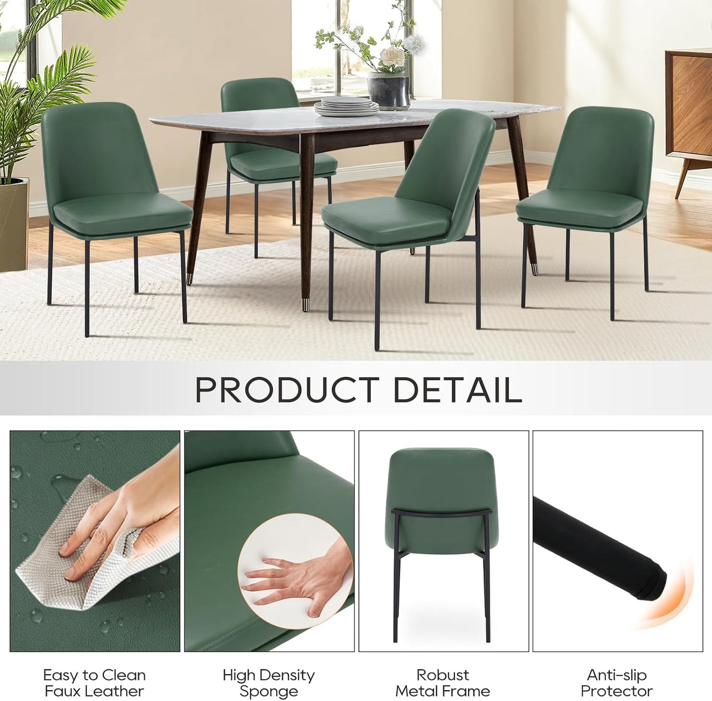 COLAMY Modern Dining Chairs Set of 4, Faux Leather Upholstered Dining Room Chairs Kitchen Chairs Dinner Chair with Curved Back and Metal Legs, Green