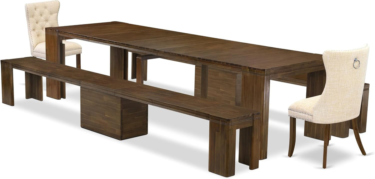 X02DA-208-32 5-Pc Mid Century Dining Table Set contains an Extendable Rectangle Kitchen Table, 2 Polyester Dining Chairs and 2 Modern Benches, 39x120 Inch, Antique Walnut