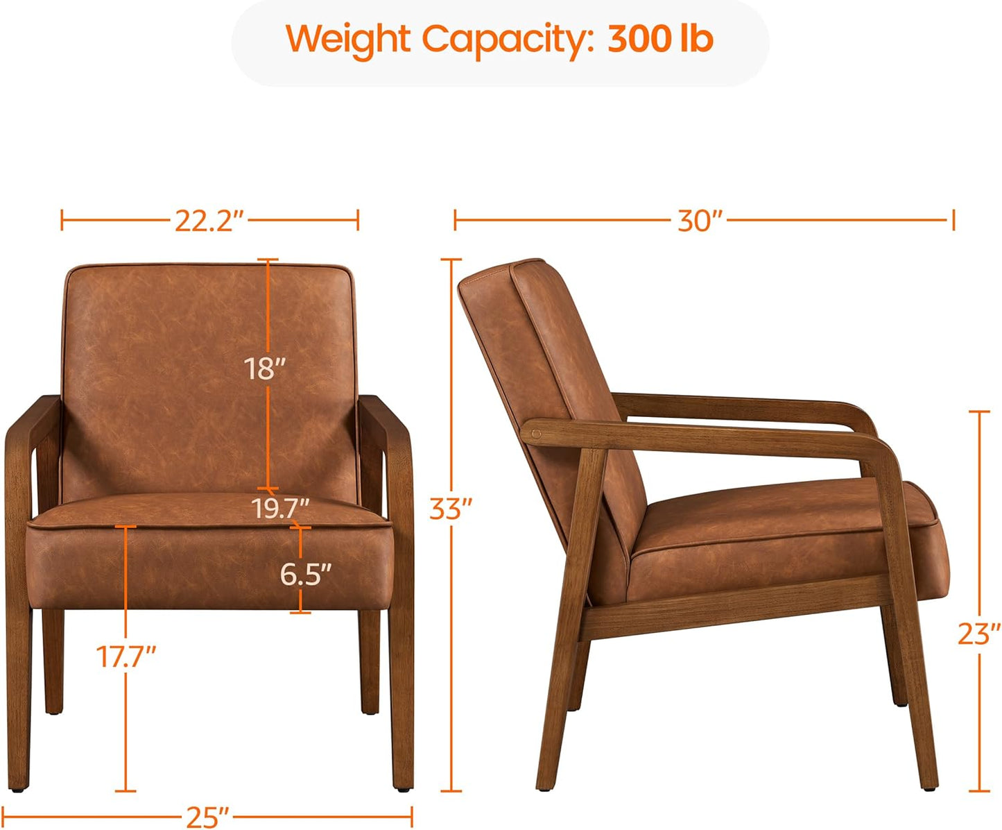 Yaheetech PU Leather Accent Chair, Mid-Century Modern Barrel Chair with Wooden Frame and Soft Thick Padded for Living Room Bedroom Home Office, Light Brown