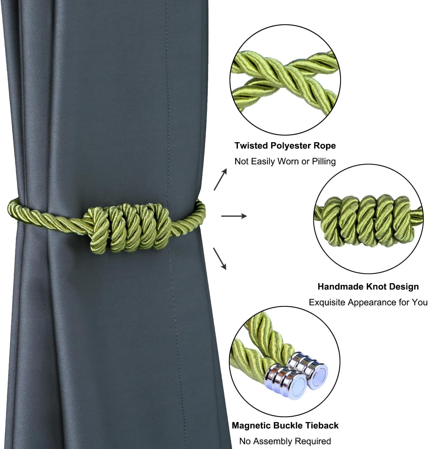 BEL AVENIR Magnetic Curtain Tiebacks, Decorative Drapery Holdbacks Modern Woven Tie-Backs with Exquisite Knot (Green, 2 Pack)