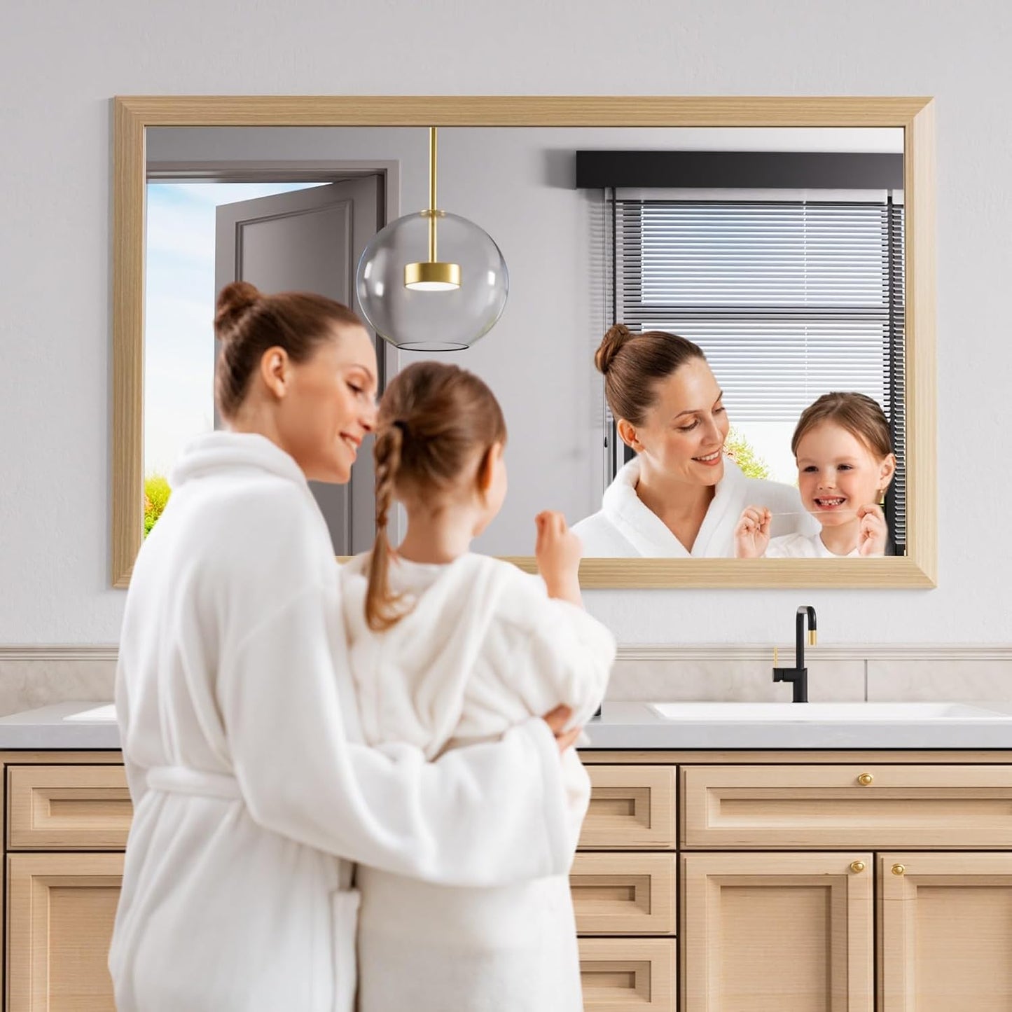 Amorho Bathroom Mirror, 60 X36 Inch Wall Mirror, Oak Wood Grain Metal Framed, Anti-Rust, Hang Horizontally/Vertically, Suitable for Bedroom, Farmhouse, Bathroom, Decorative