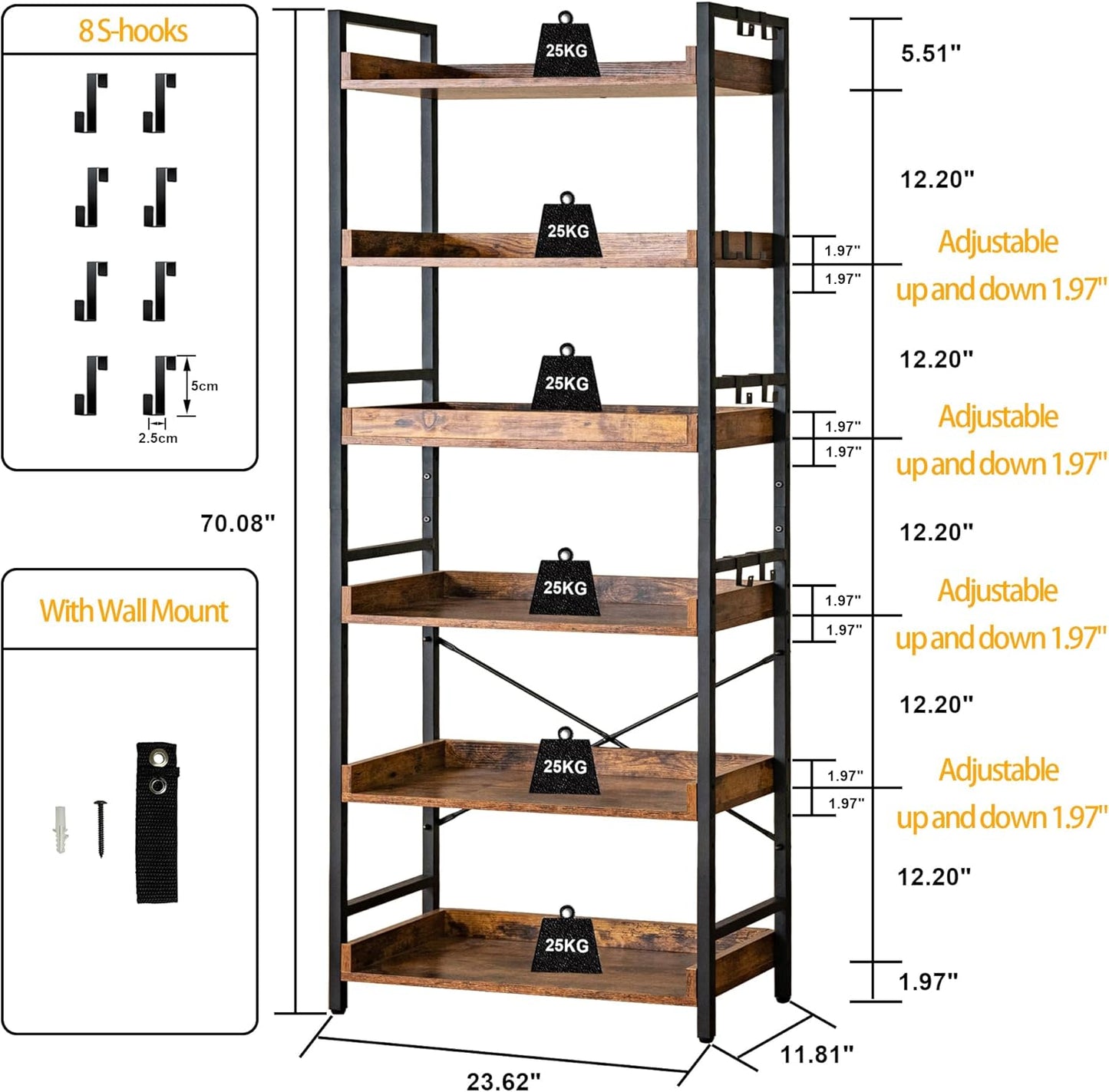 HCHQHS Adjustable 6 Tier Open Bookcase, Rustic Farmhouse Book Shelves, Industrial Wood and Black Metal Bookshelves, Mid Century Bookcase for Home Office Living Room Bedroom