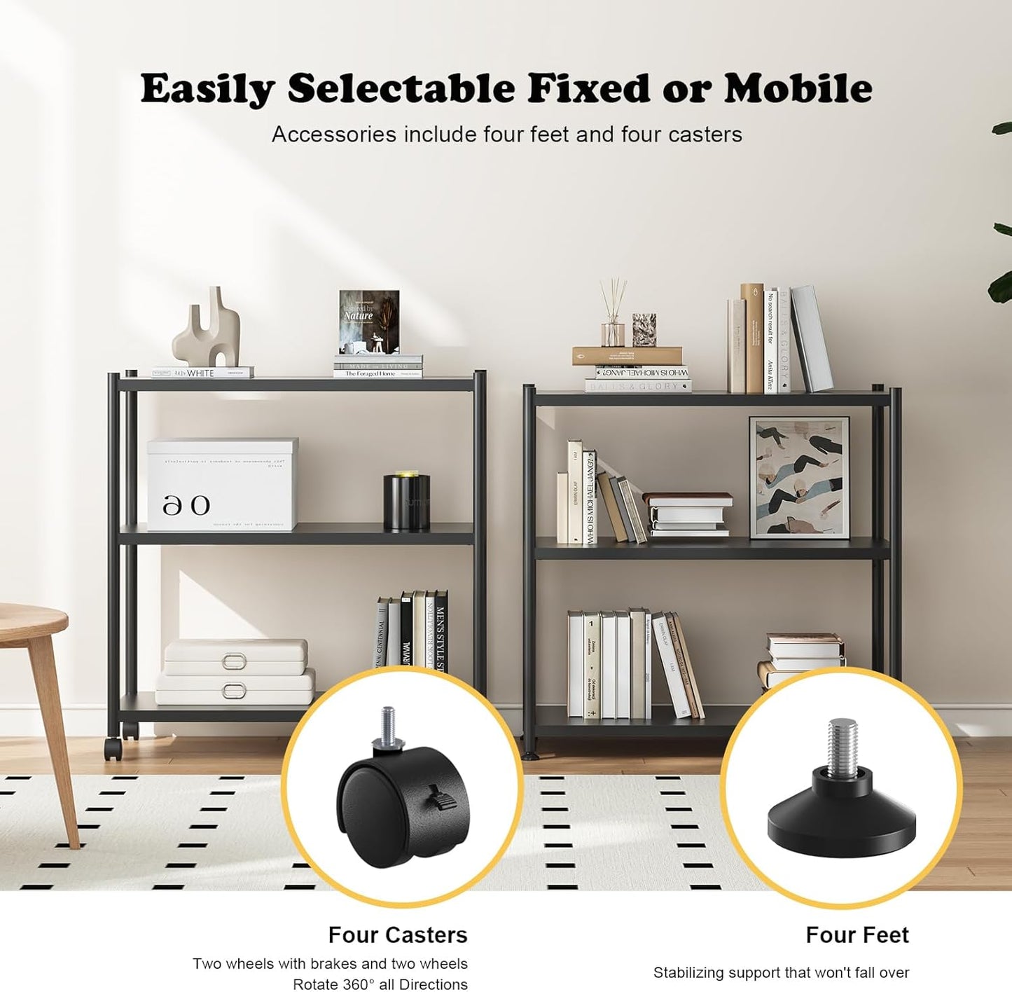 ZZL 3 Tier Small Bookshelf 31.49" Width,Metal Bookcase w/Wheels,Industrial Book Shelves for Home Office,Bedroom,School,Living Room(Black)