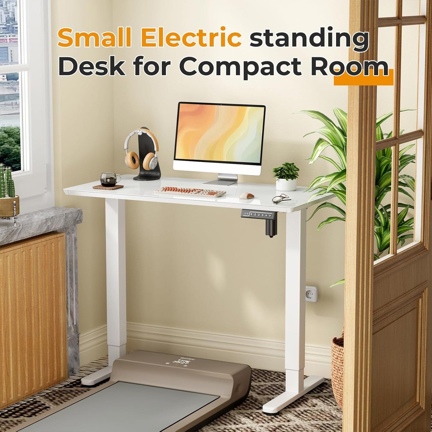 JOY worker Small Electric Standing Desk, 40" x 20" Whole Glass Piece Height Adjustable Desk with Memory Controller, White Sit to Stand Desk Workstation for Home Office