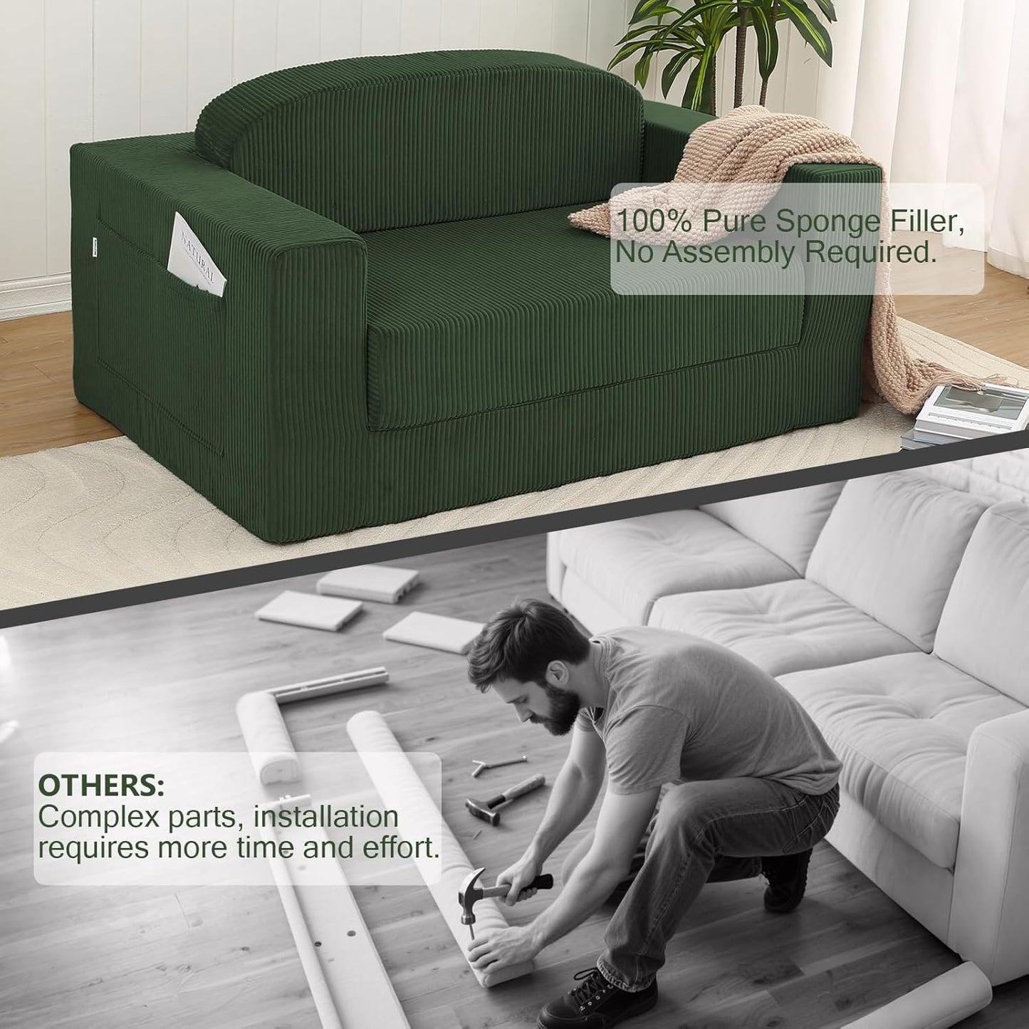 MeMoreCool Cozy Small-Space Convertible Loveseat to Guest Bed – Boneless Corduroy Floor Couch with High-Density Foam, Removable Washable Cover, No-Assembly Fold-Out Sofa
