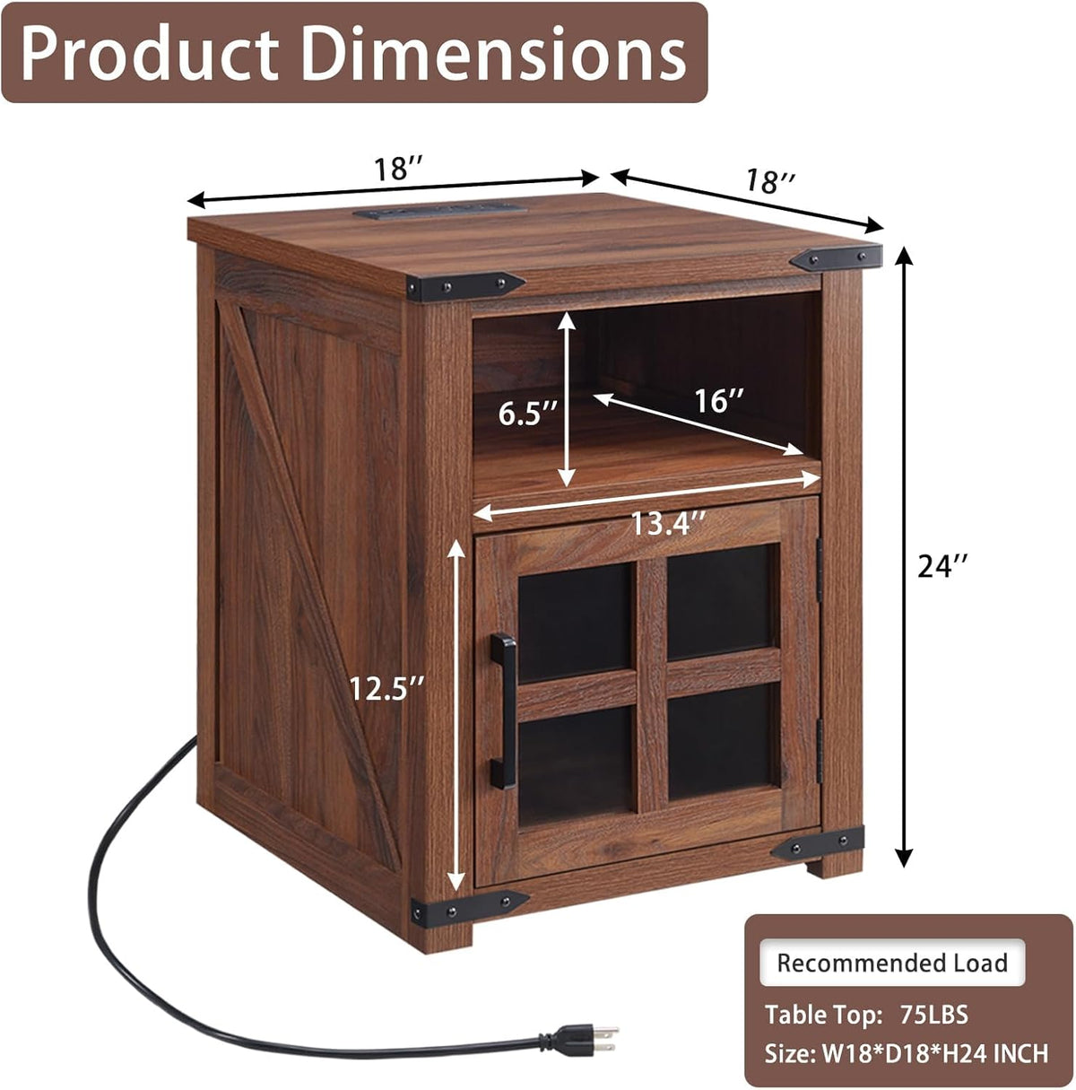 Farmhouse Nightstand with Charging Station, Rustic End Table with Tempered Glass Barn Door, Wood Sofa Side Bedside Table with Open Storage Shelf for Living Room, Bedroom, Brown, 2 Pack