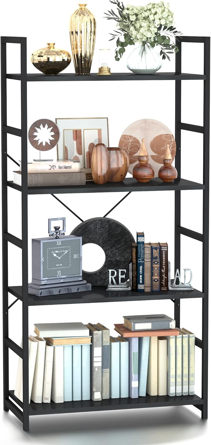 NUMENN 4 Tier Bookshelf, Tall Bookcase Shelf Storage Organizer, Modern Book Shelf for Bedroom, Living Room and Home Office, Black