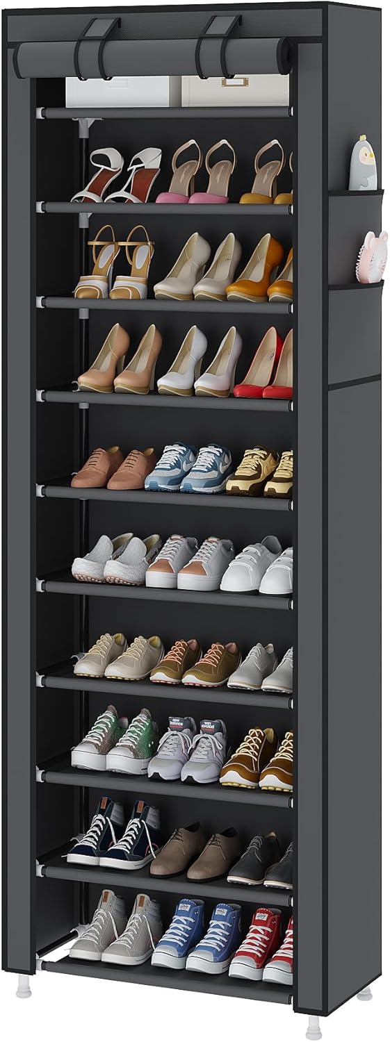 UDEAR 10-Tier Free Standing Shoe Rack Sturdy Shoe Rack Organizer for Closet Entryway Stackable Shoe Shelf with Dustproof Cover,Grey