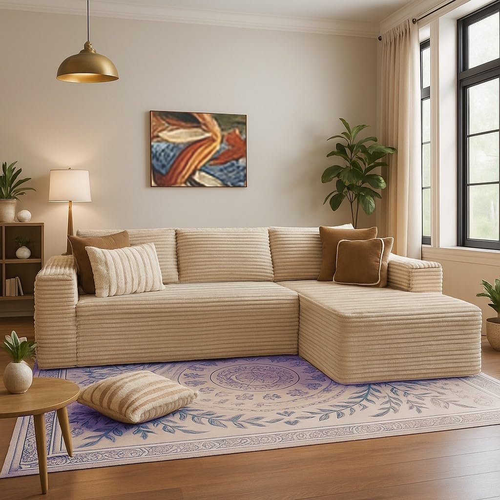 COMHOMA 105”Modular Sectional Sofa with Deep Seat,Cloud Upholstered L-Shape Couch Wide Arms Corduroy Fabric High-Density Foam Chaise Lounge for Living Room No Assembly Required