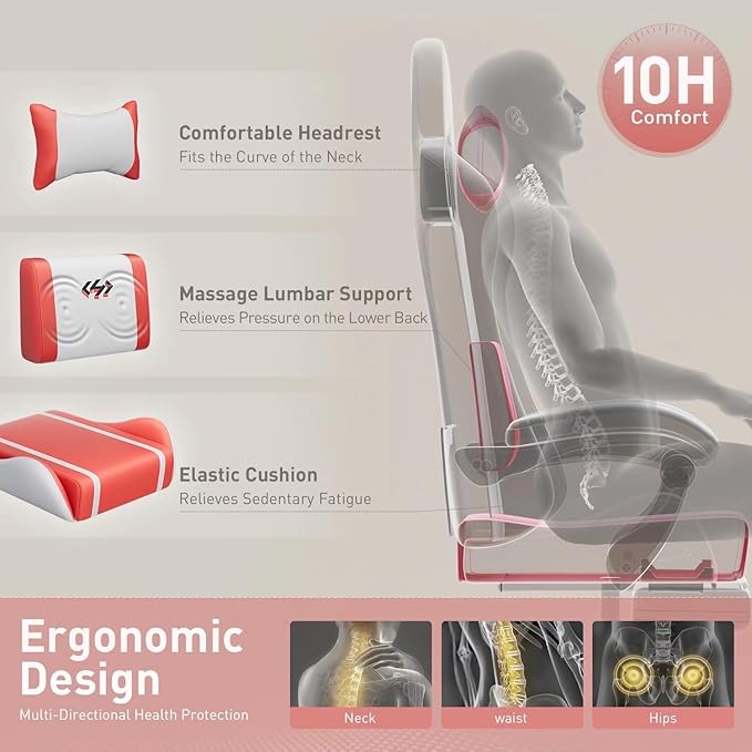 HLDIRECT Gaming Chair, Ergonomic Video Game Seat with 360° Swivel & Lumbar Massage, Computer Chair PU Leather Cushion for Adults Home/Office Use (White & Red)