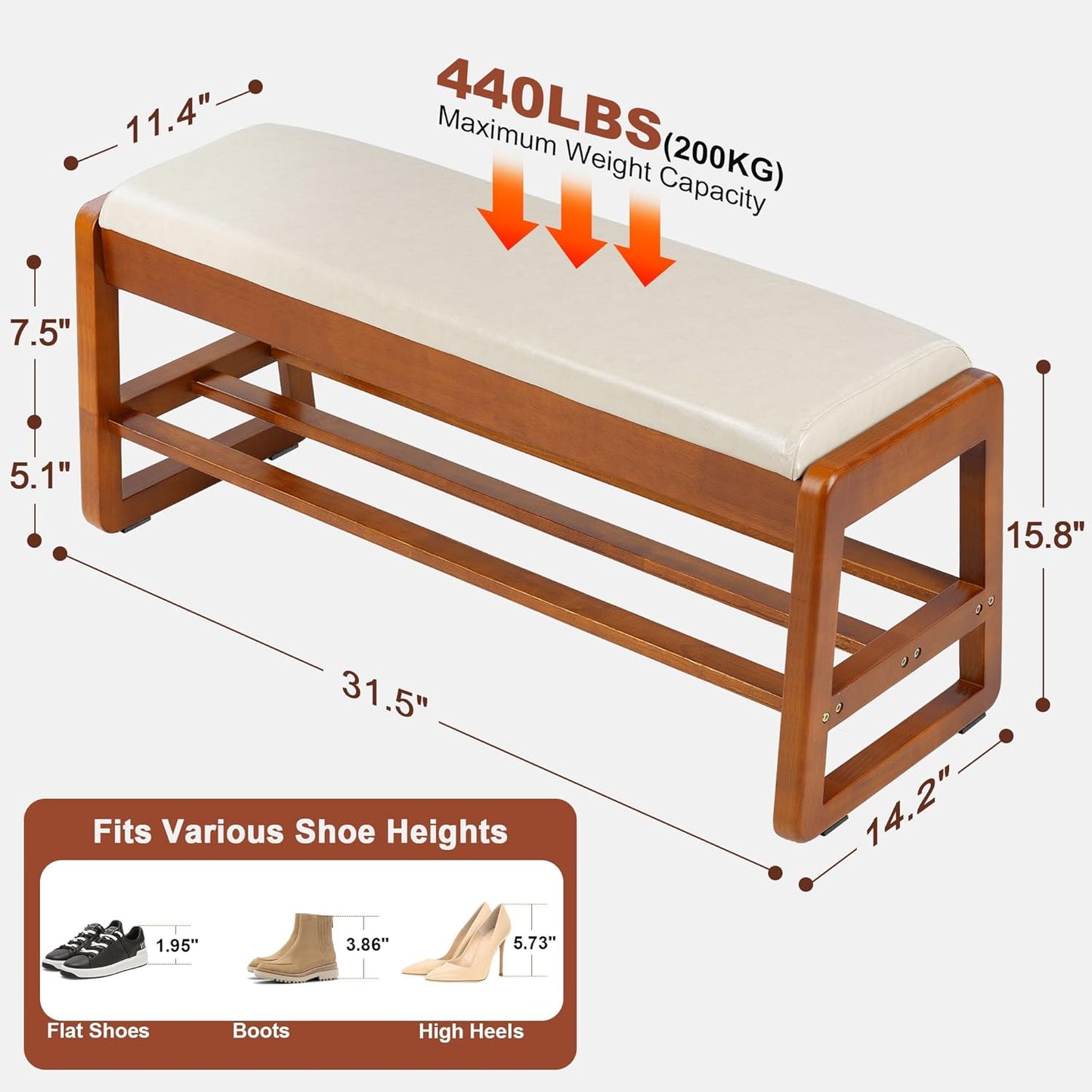 Shoe Bench Storage Rubberwood with Leather Cushion 31.5", Waterproof Easy to Clean 550LBS Organizer Shoe Rack for Entryway, Hallway, Mudroom, Front Door