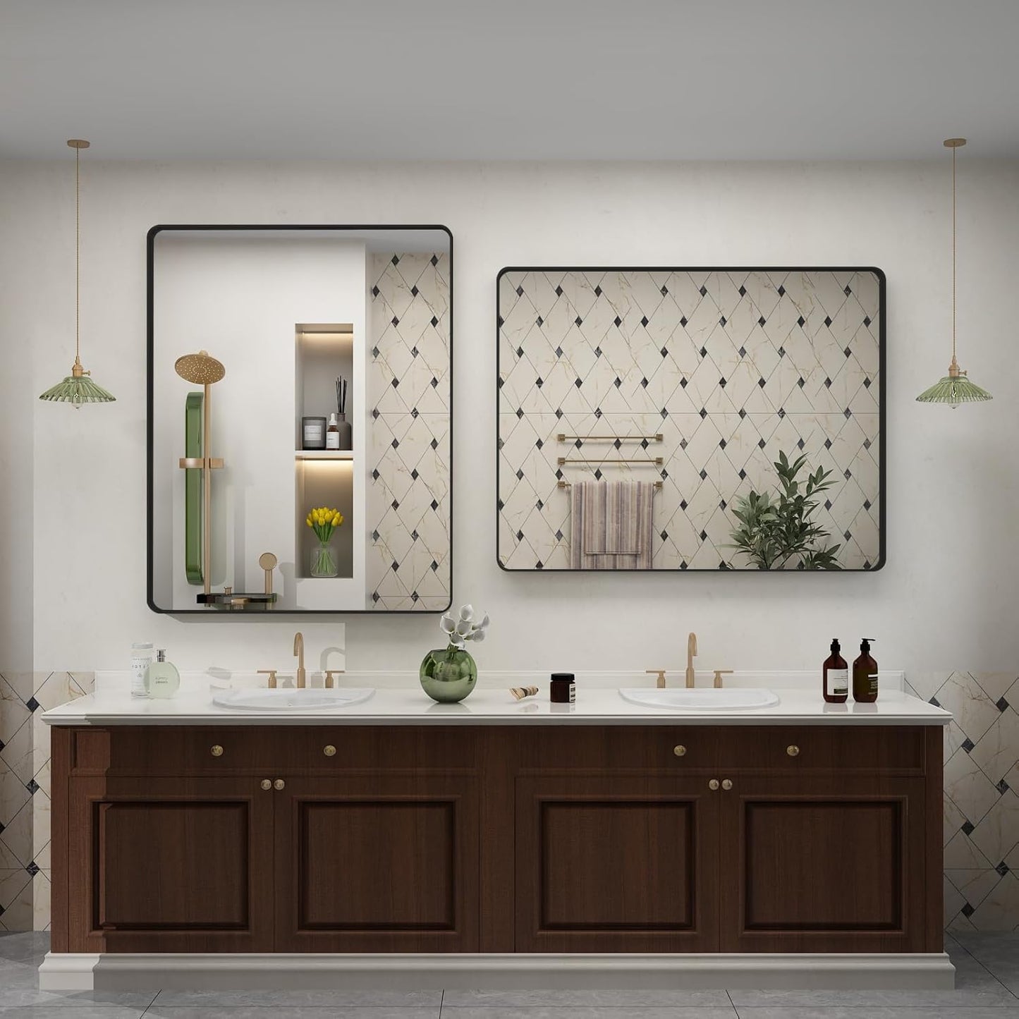 2 Pack of 22x30 Inch Black Metal Framed Bathrrom Mirror, Black Matte Rounded Rectangle Bathroom Vanity Mirror, Anti-Rust, Hangs Horizontally or Vertically