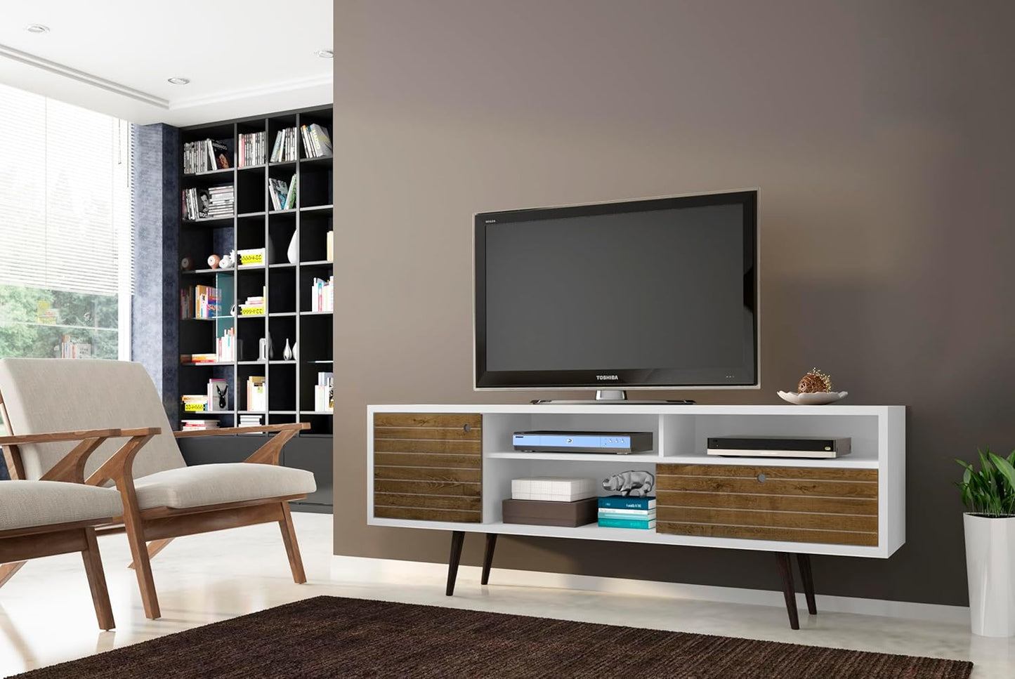 Manhattan Comfort Liberty Collection Mid Century Modern TV Stand With Three Shelves, One Cabinet and One Drawer With Splayed Legs, White/Wood, Large, Model:202AMC69