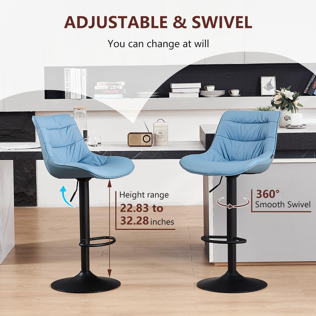 Kidol & Shellder Bar Stools Set of 2 Adjustable Swivel Blue, PU Leather Upholstered with Back, Modern Counter Height Stools for Kitchen Island, Home Bar