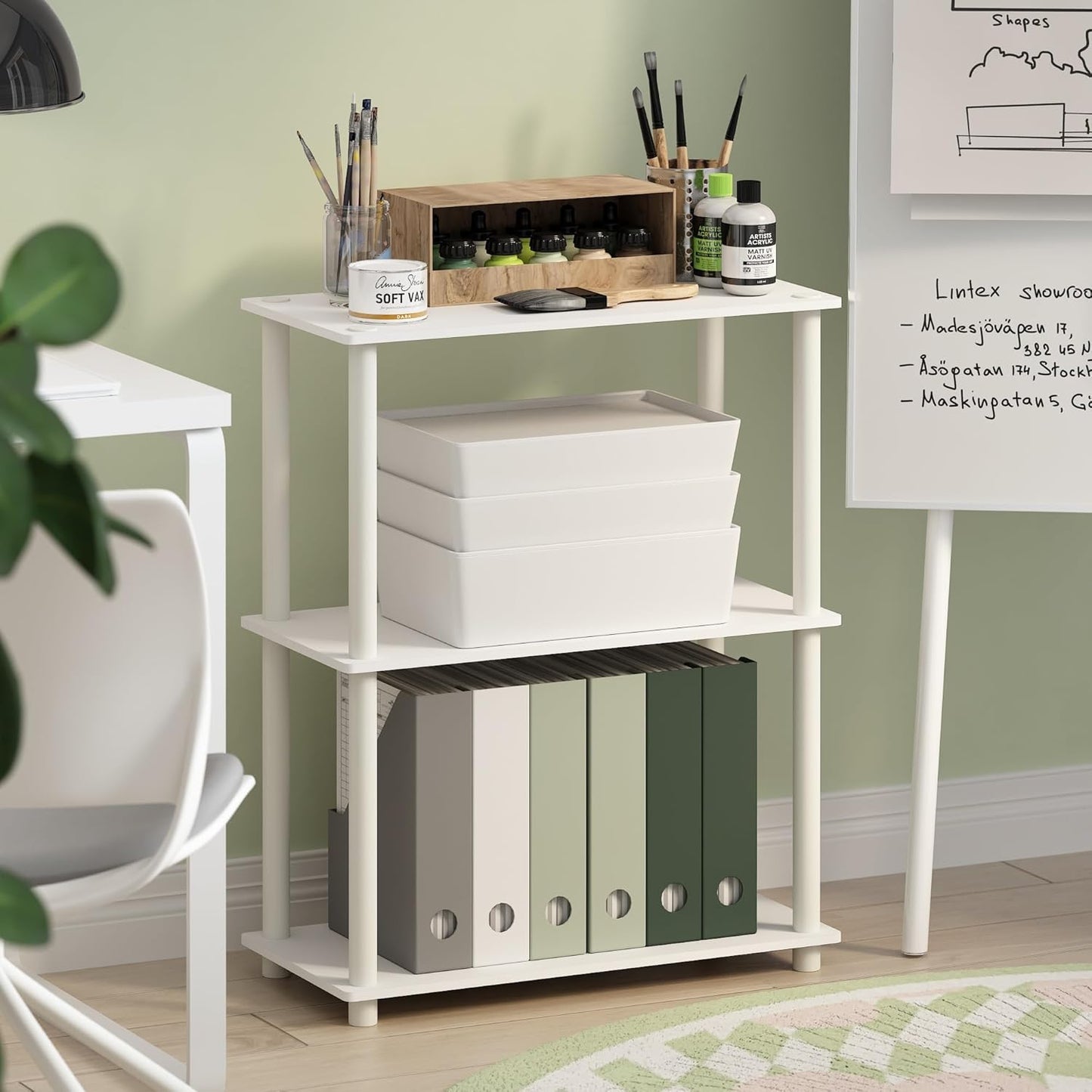 Furinno Turn-N-Tube 3-Tier Compact Multipurpose Shelf Display Rack, White/White