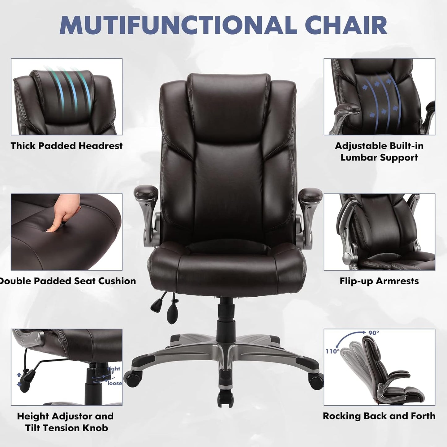 COLAMY High Back Executive Office Chair- Ergonomic Home Computer Desk Leather Chair with Padded Flip-up Arms, Adjustable Tilt Lock, Swivel Rolling Chair for Adult Working Study-Brown