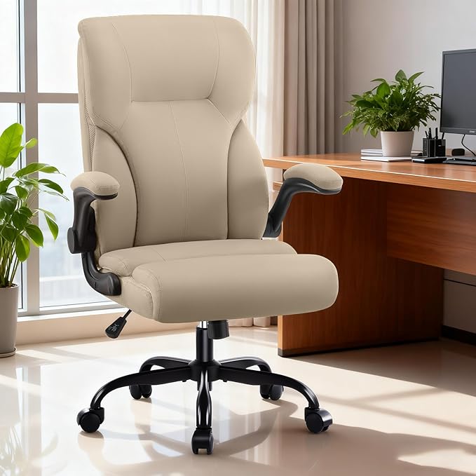 Executive Office Chair, High Back Ergonomic Comfy Desk Chair with Padded Flip-up Armrests and Wheels, PU Leather Heavy Duty Computer Swivel Rolling Task Chair for Home Office, Adults, Khaki