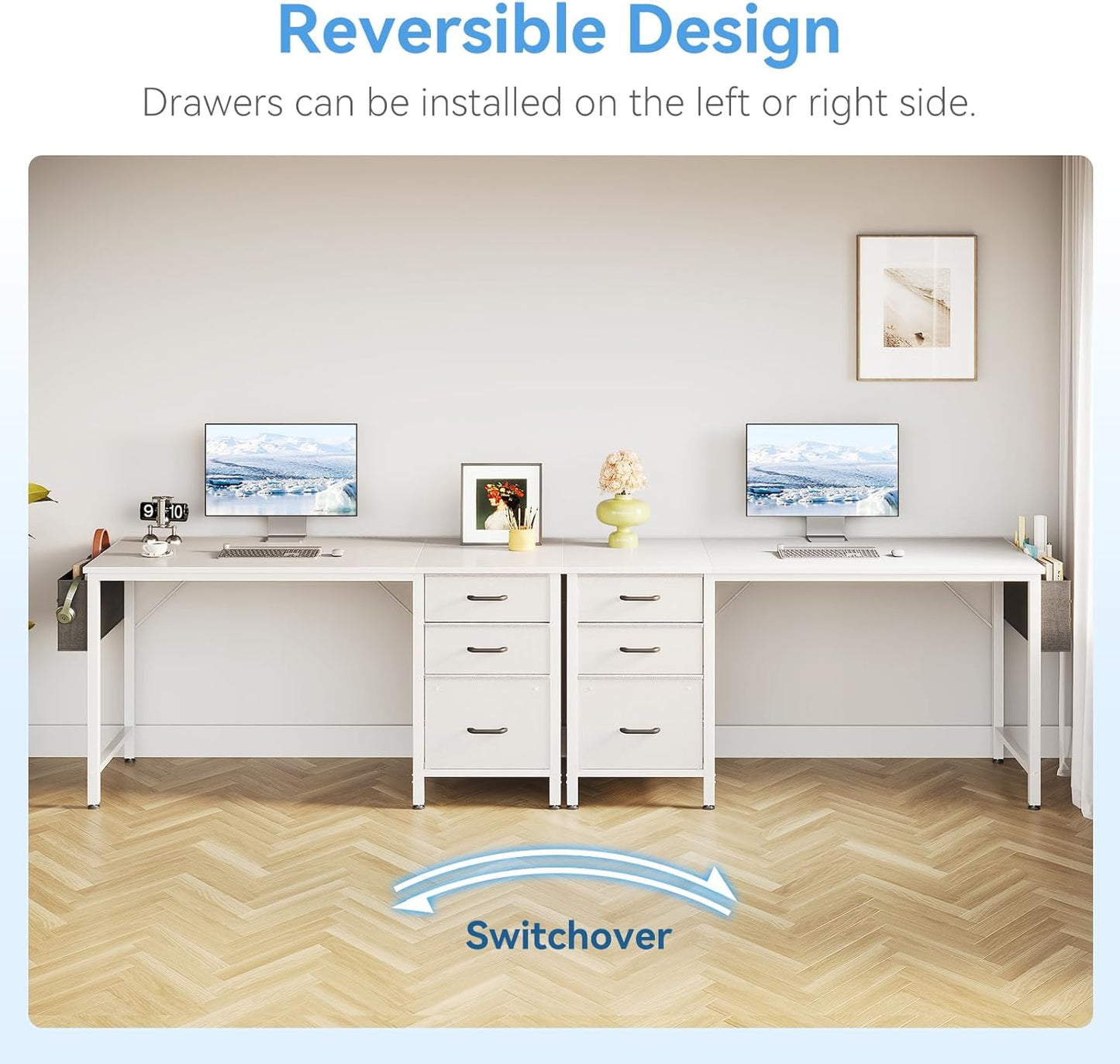 Casaottima 48" Small Computer Home Office Desk for Bedroom with Fabric Drawers & File Cabinet, Cloth Storage Bag and Hook, Writing Study Work Table for Small Space, White