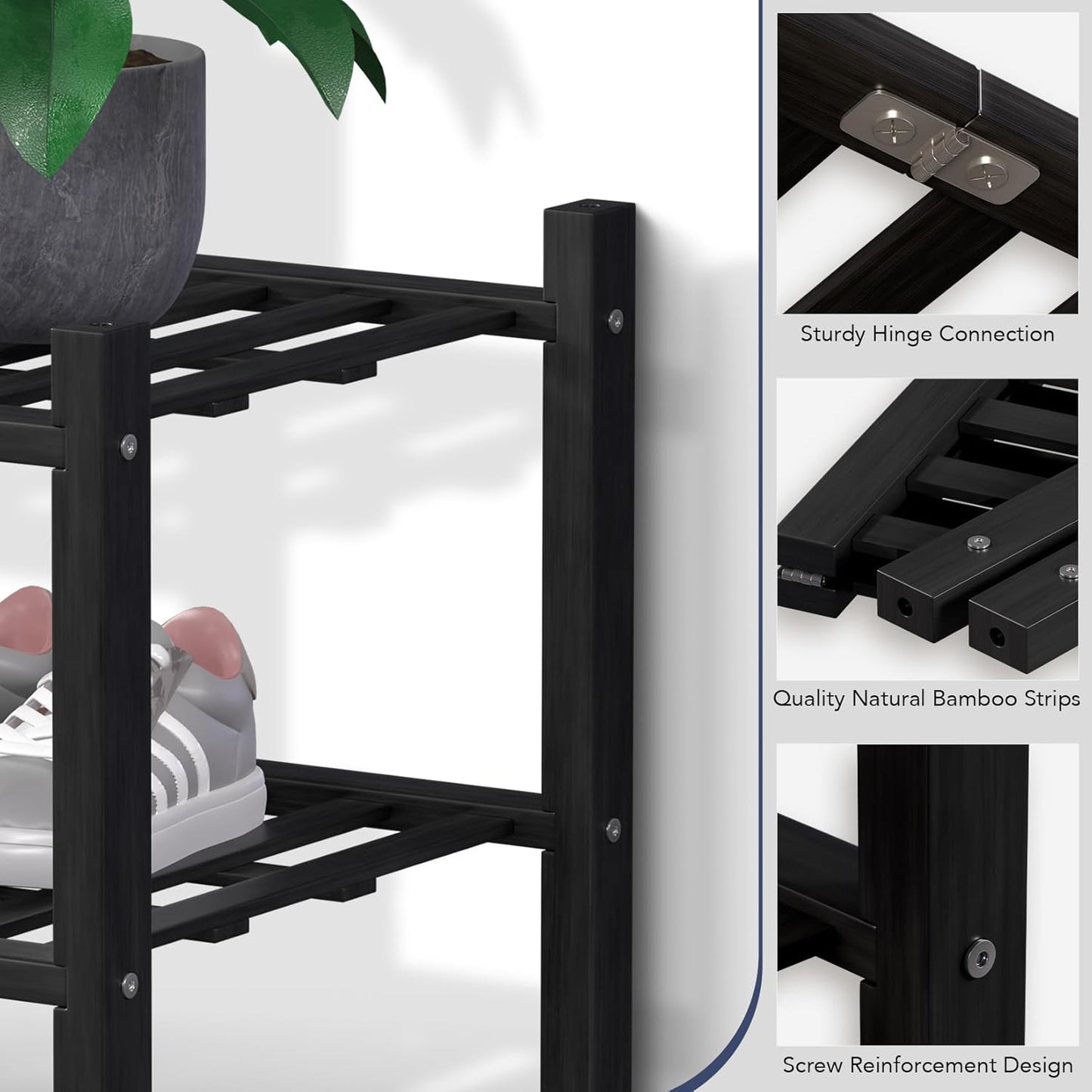 Haddockway Long 2 Tier Bamboo Shoe Rack Storage Organizer, Multifunctional Free Standing Stackable Shoe Shelf with Grid Panel for Closet,Hallway,Entryway,Small Space 34.2"x11"x13"(Black, 2-Tier(Long))