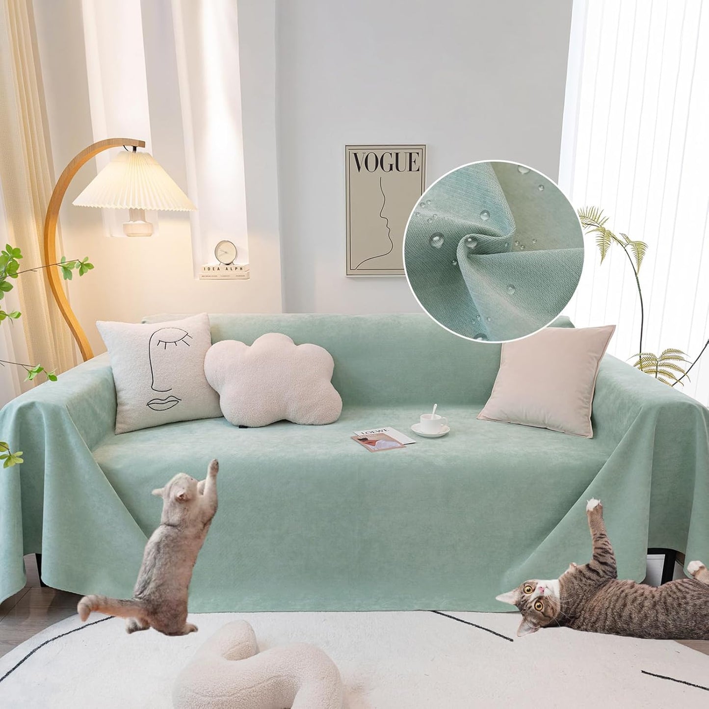 STACYPIK Light Green Waterproof Couch Cover, Anti-Scratch Resistant Sofa Cover for 3 Cushion Couch, Non-Slip Couch Covers for Sectional, Washable Furniture Protector for Kid Pet Dog Cat-71X134IN