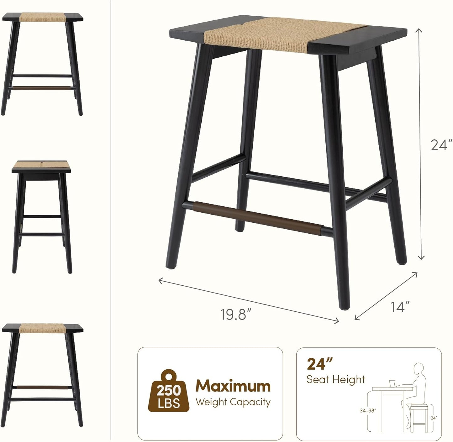 Thor Wicker Counter Height Wooden Counter Stool with Hand-Knitted Rope, K/D, Backless Island 24" Wicker Stool for Kitchen, Solid Wood, Eco-Friendly, Modern Design