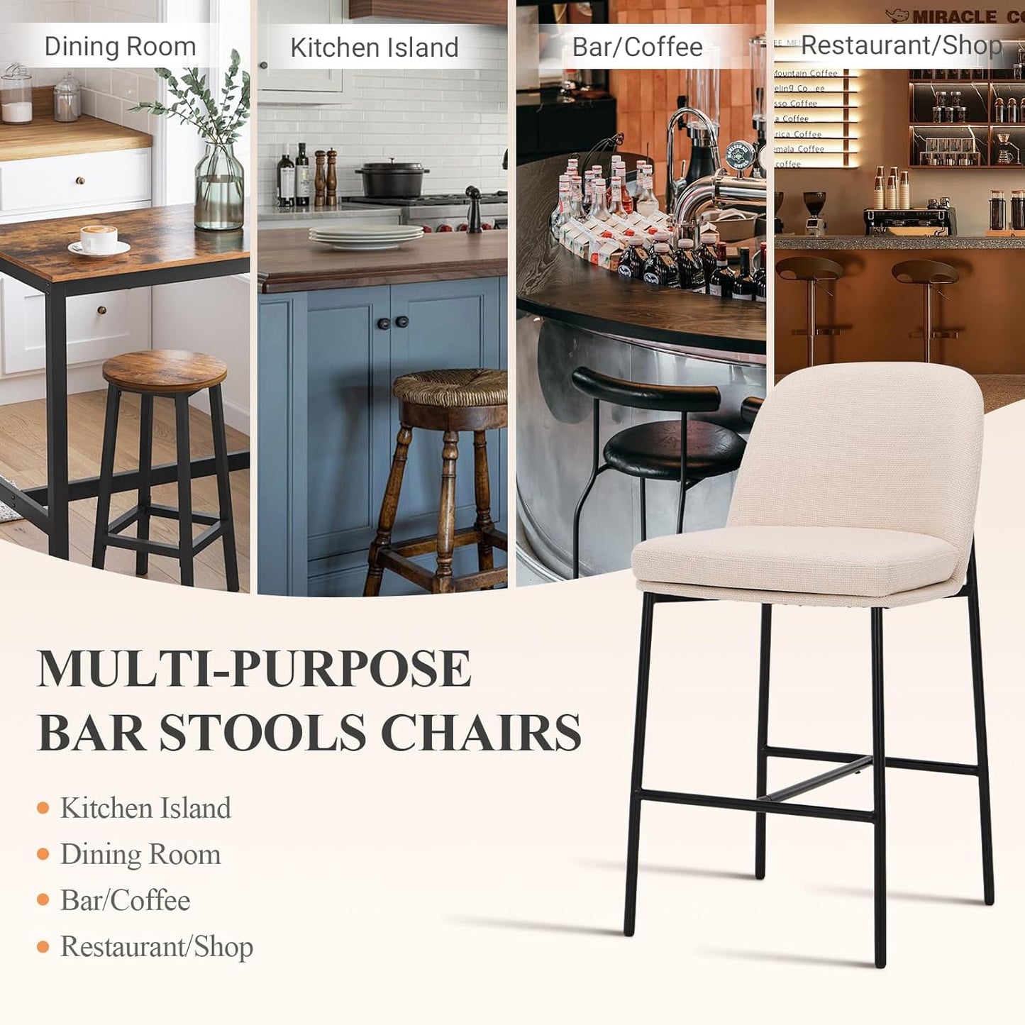 COLAMY Counter Height Bar Stools Set of 2, 25 Inch Modern Fabric Kitchen Island Stools with Back, Upholstered Counter Barstools Armless Bar Chairs with Metal Legs for Island Dining Room Bar, Beige