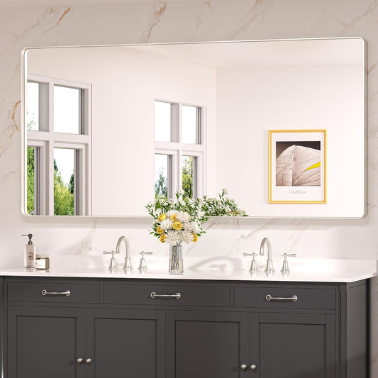 Keonjinn 72 x 36 Brushed Nickel Bathroom Vanity Mirror, Large Rounded Rectangle Bathroom Mirrors for over Sink, Metal Framed Silver Mirror for Wall, Shatterproof HD Tempered Glass(Horizontal/Vertical)