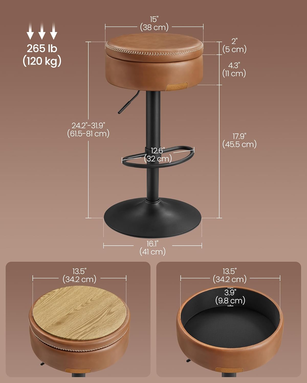 VASAGLE EKHO Collection - 360° Swivel Bar Stools Set of 2, Height Adjustable Barstools with Storage, Synthetic Leather with Stitching, Mid-Century Modern, Kitchen Bar, Easy Assembly, Caramel Brown