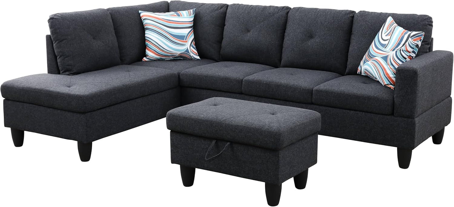 NicBex Sectional Couch 3 Pieces Sofa Set with Right Chaise Linen L Shaped Cloud Couch for Living Room Furniture Sets with Storage Ottoman, Modular Sofa for Living Room & Apartment, Black Grey