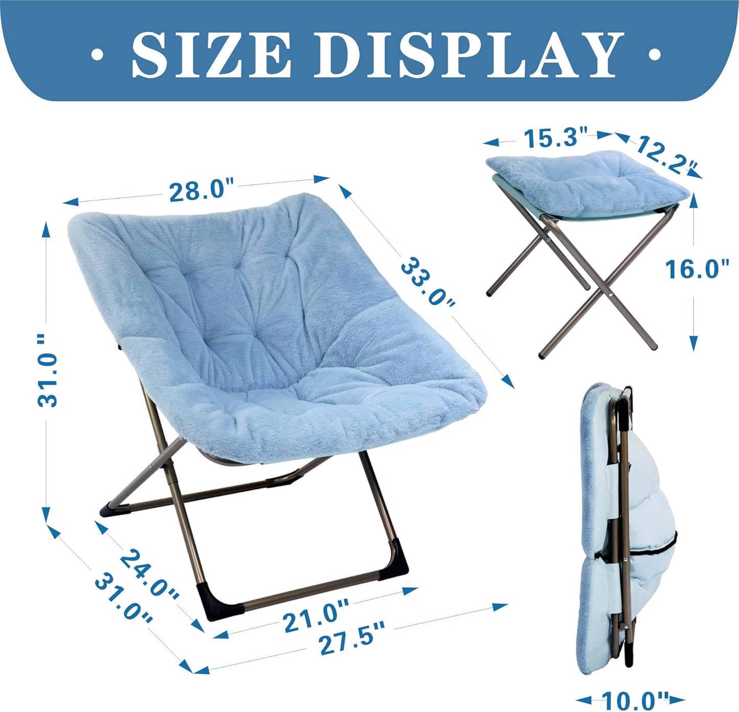 Kokel Plush Folding Chair and Ottoman Padded Metal Frame Living Room Chair (BLUE-TM19)