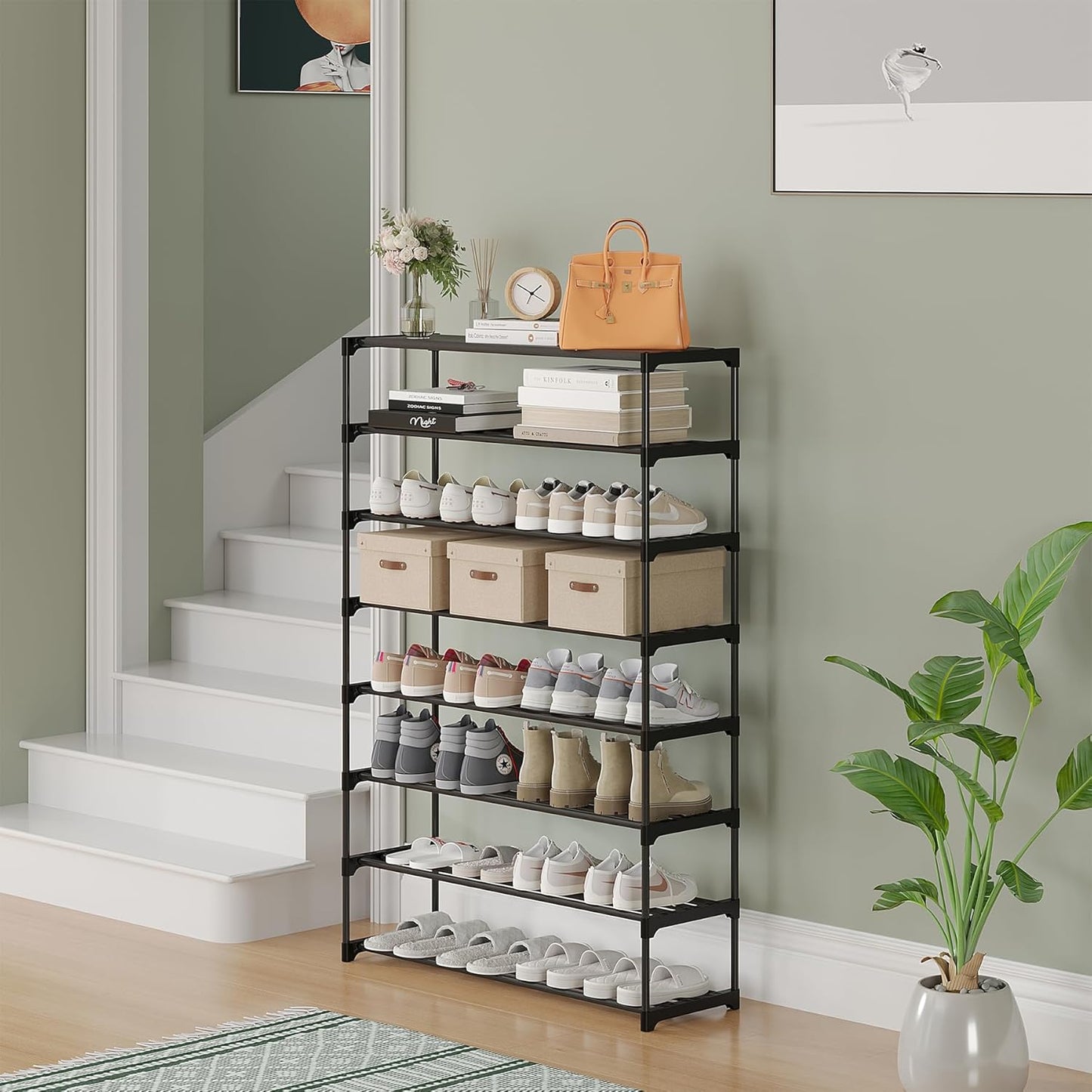 Calmootey 8-Tier Shoe Rack, Tall Large Capacity 40 Pairs Shoes Storage Organizer, Stackable Wide Shoe Shelf for Entryway, Hallway, Black