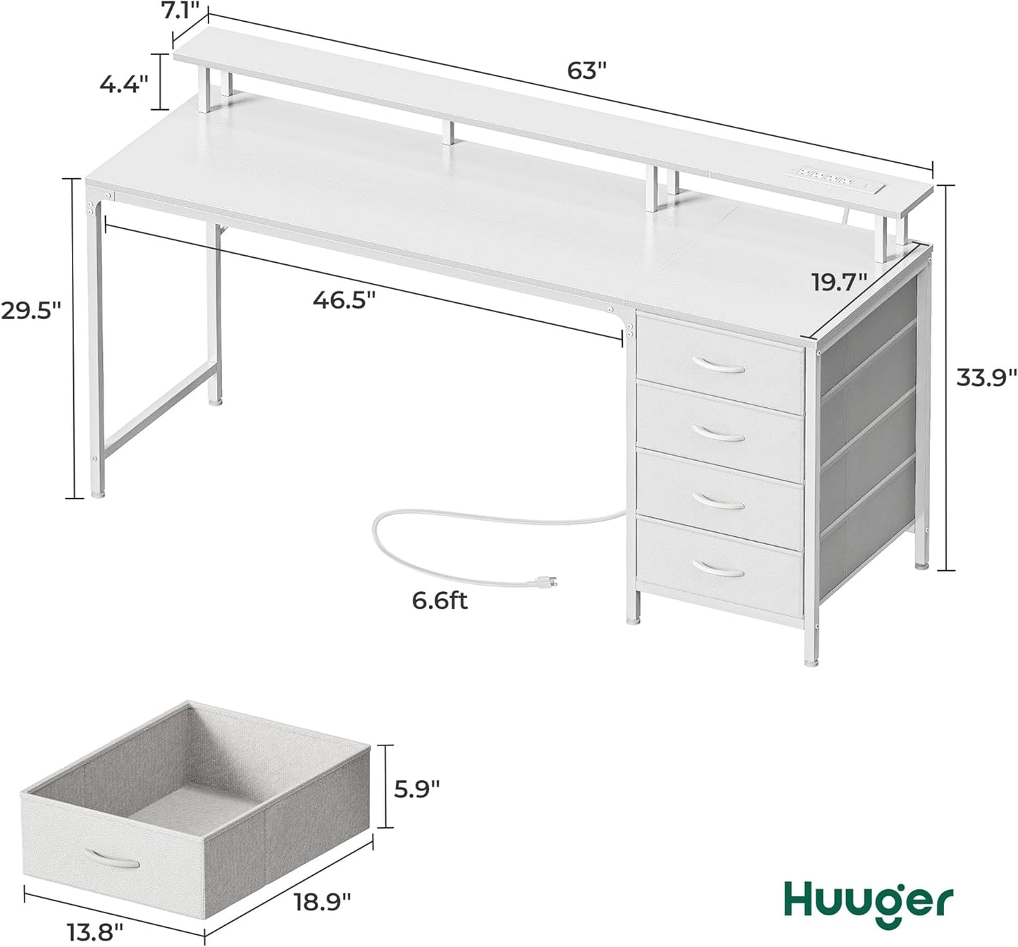 Huuger 63 Inch Computer Desk with Power Outlets and LED Lights, Gaming Desk with 4 Drawers, Office Desk with Monitor Stand, Study Work Desk for Home Office, White