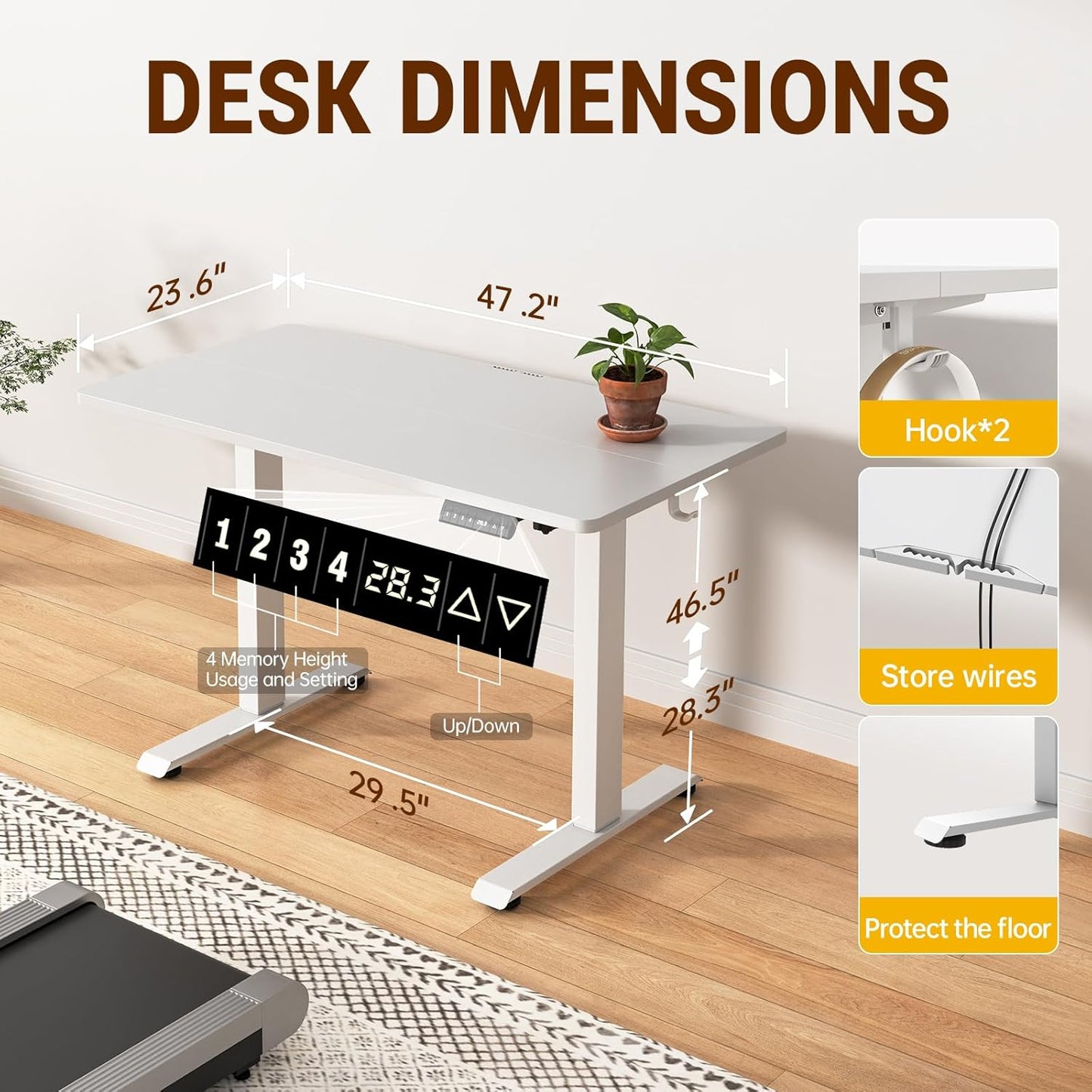 Veken 47.2 Inch Large Electric Standing Desk, 4 Memory Heights Adjustable,Sit to Stand Up, Work Home Office Computer Table for Study, Walking Pad, Writing, and Games, Wooden Desktop Desks, White