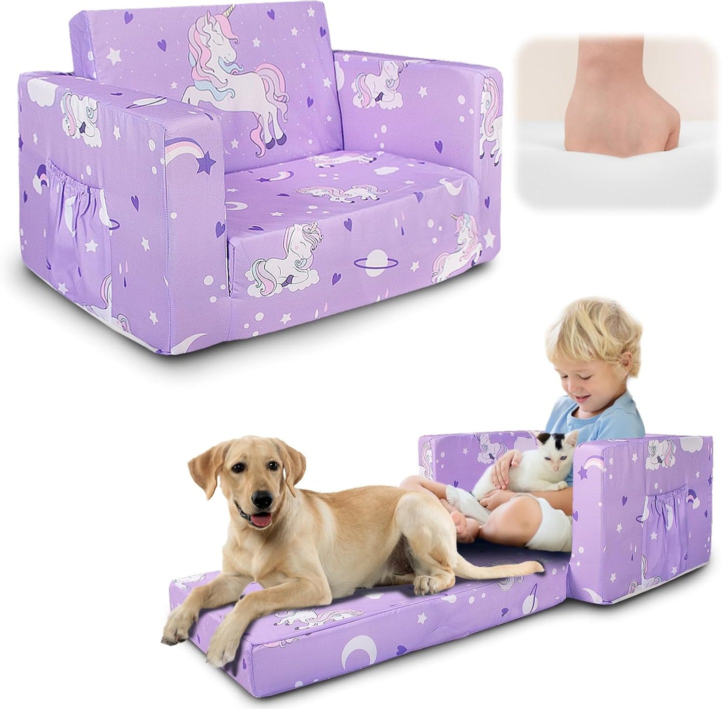 Kids Couch, 2-in-1 Kids Fold Out Sofa, Convertible Toddler Couch to Lounger for Girls and Boys, Soft Toddler Chairs Comfy 1-3 Years Old(New Unicorn)