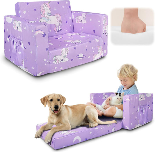 Kids Couch, 2-in-1 Kids Fold Out Sofa, Convertible Toddler Couch to Lounger for Girls and Boys, Soft Toddler Chairs Comfy 1-3 Years Old(New Unicorn)